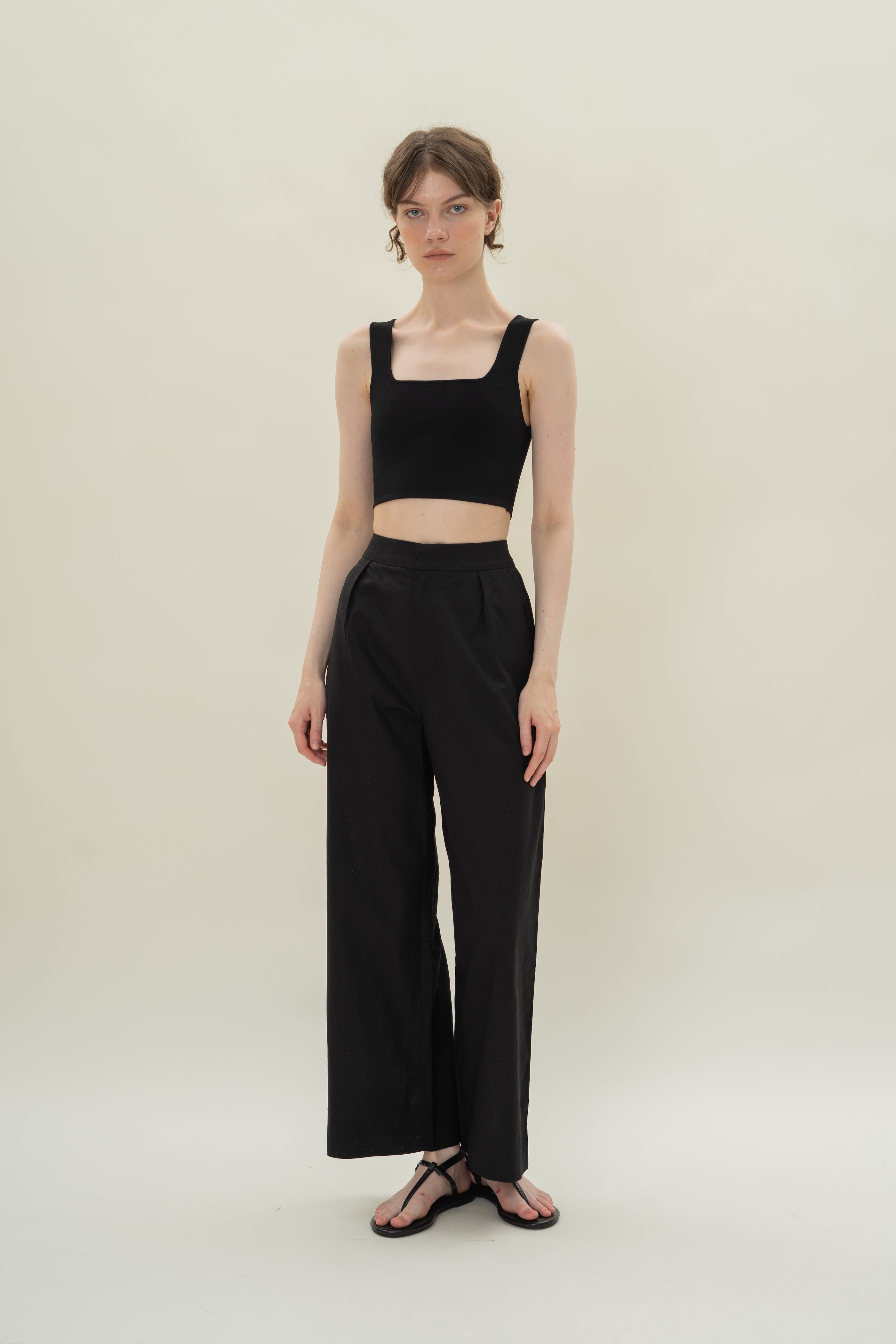 Textured Linen Trousers in Black