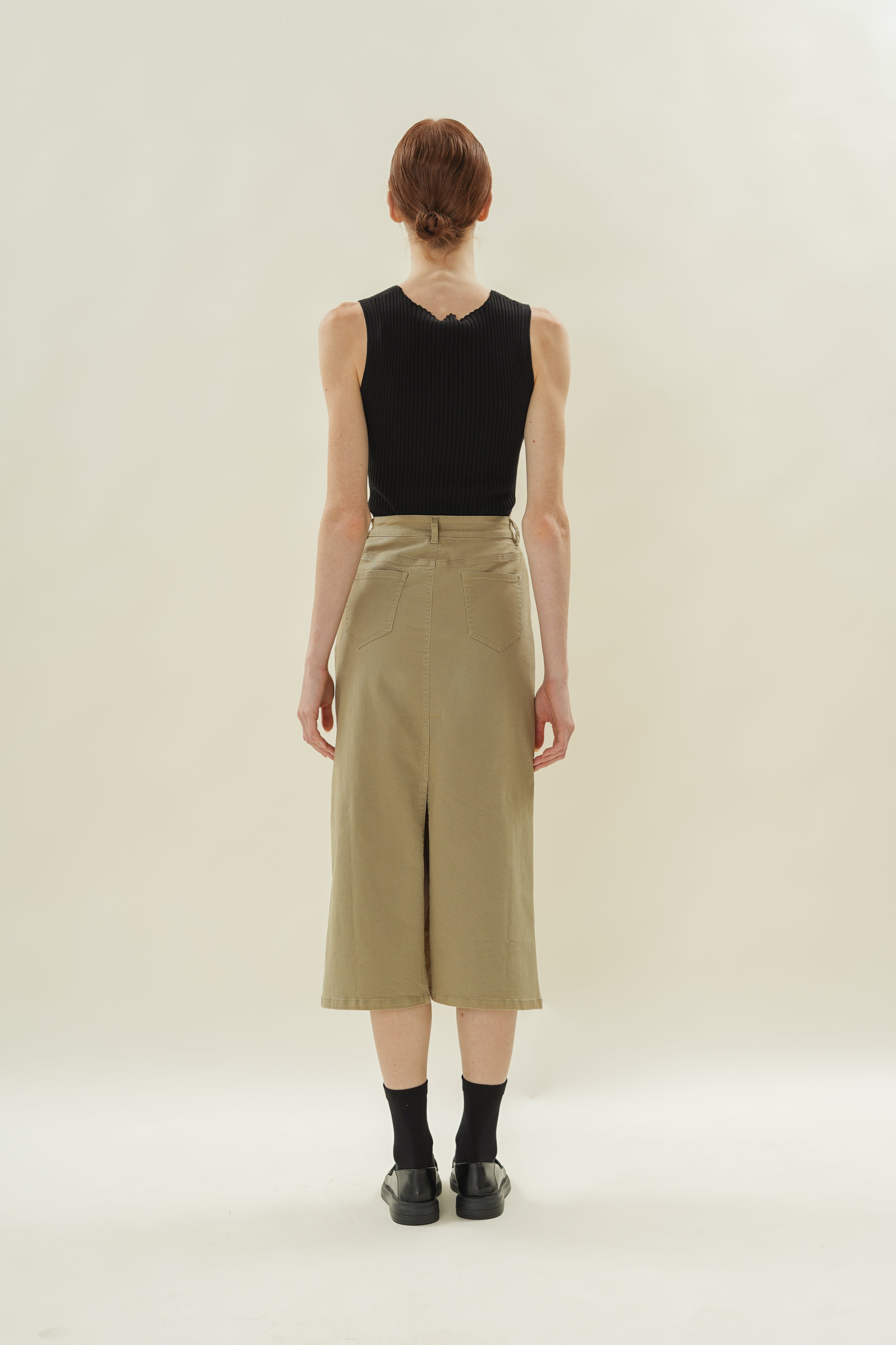 Cotton Twill Straight Midi Skirt in Khaki