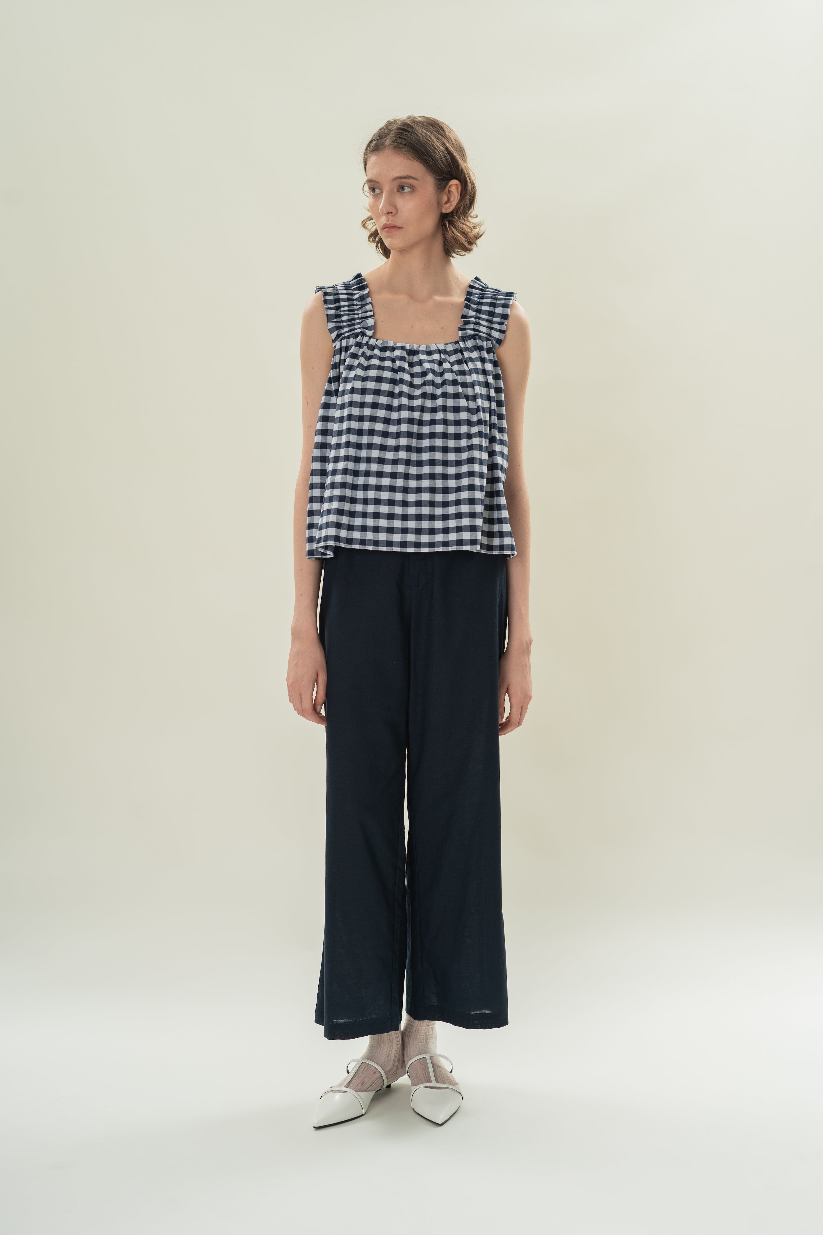 Flared Square Neck Top in Navy Gingham