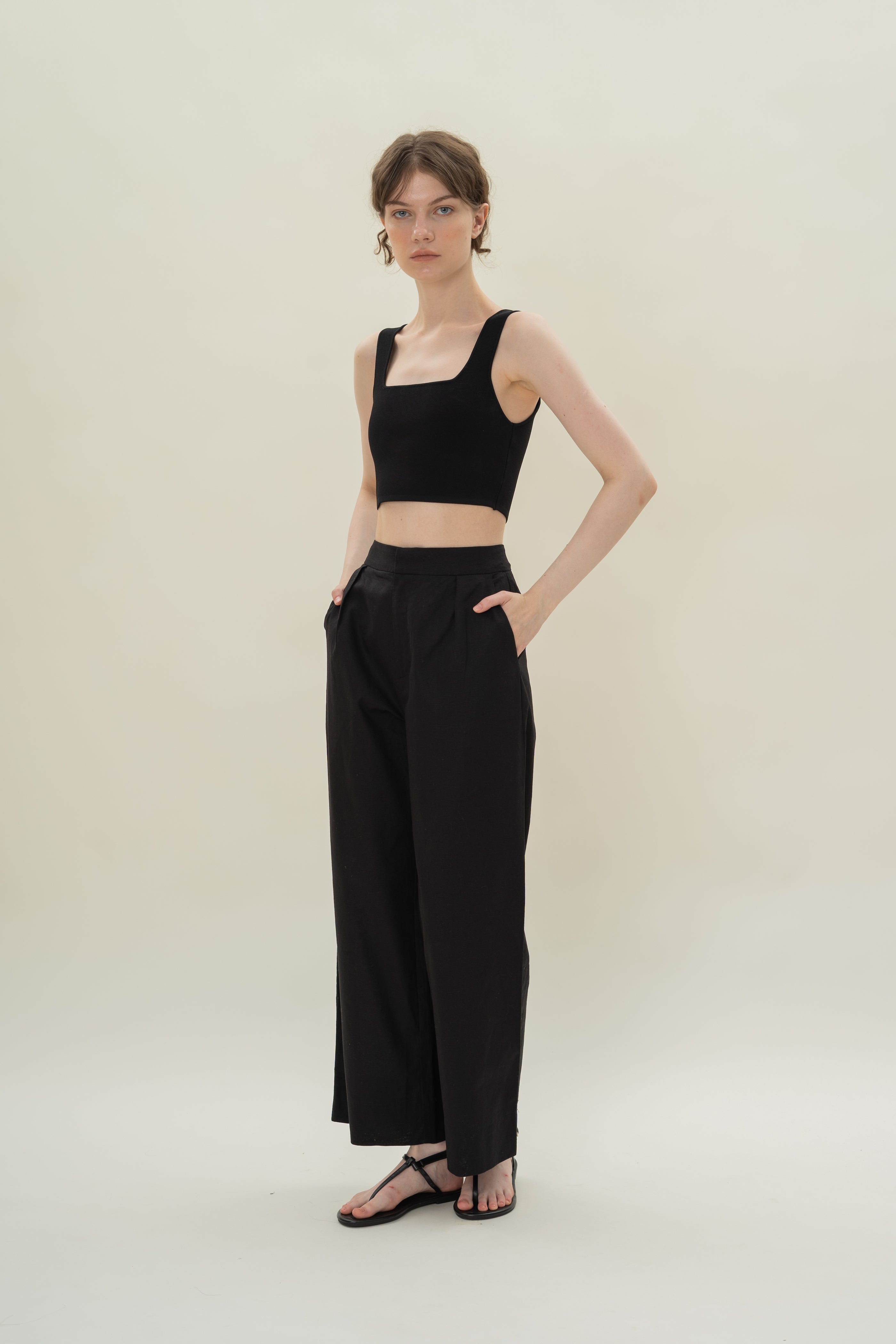 Textured Linen Trousers in Black