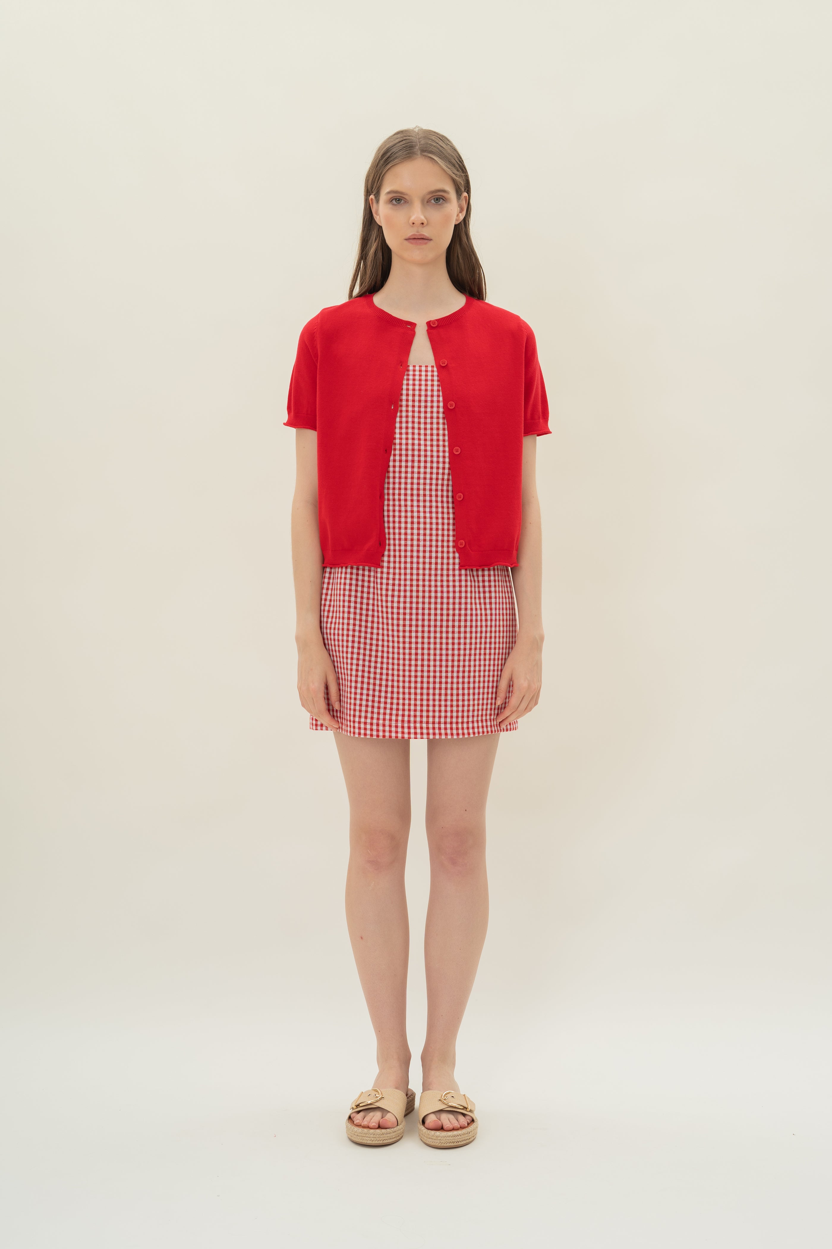 Short Sleeve Button Up Cardigan in Scarlet Red