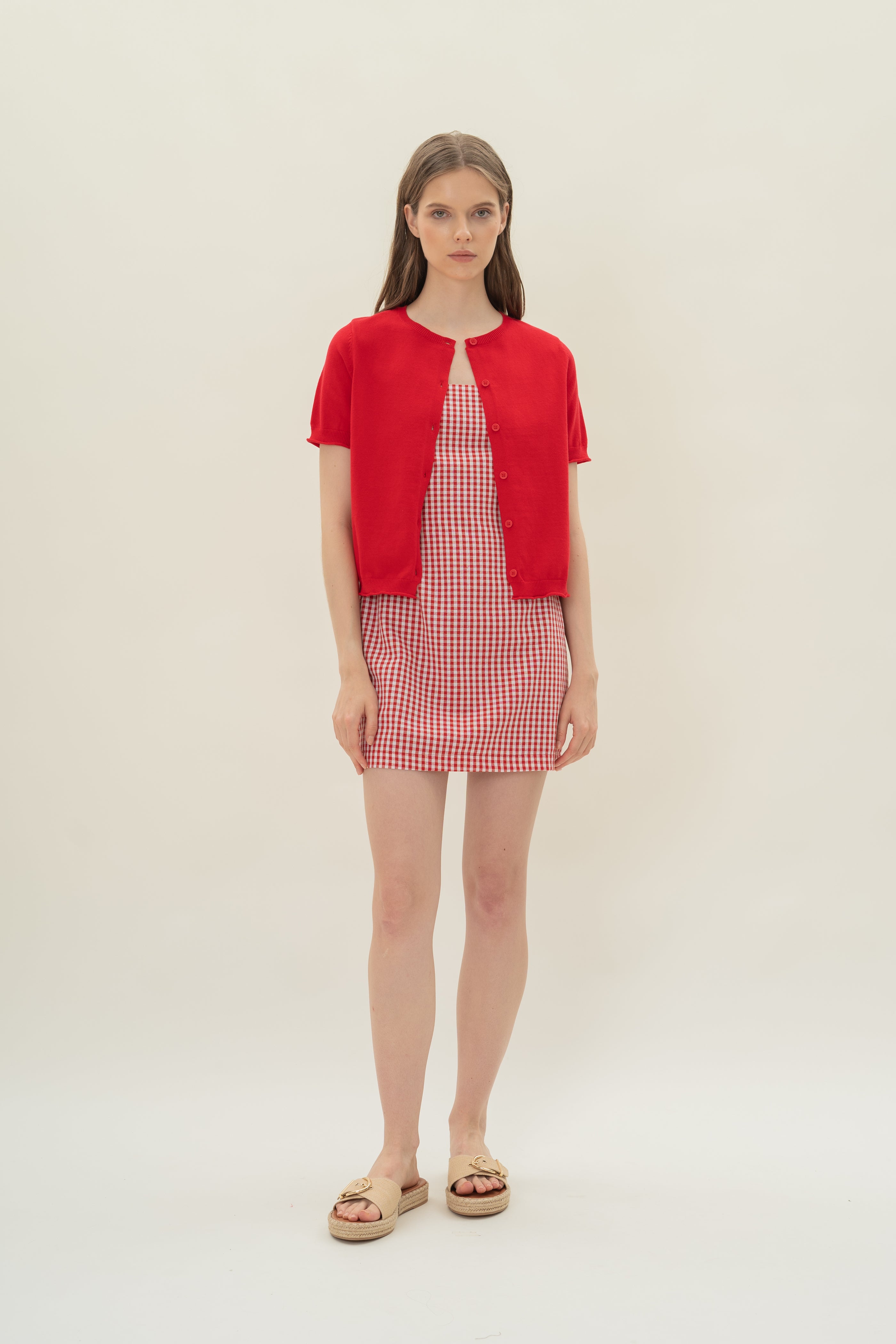 Short Sleeve Button Up Cardigan in Scarlet Red