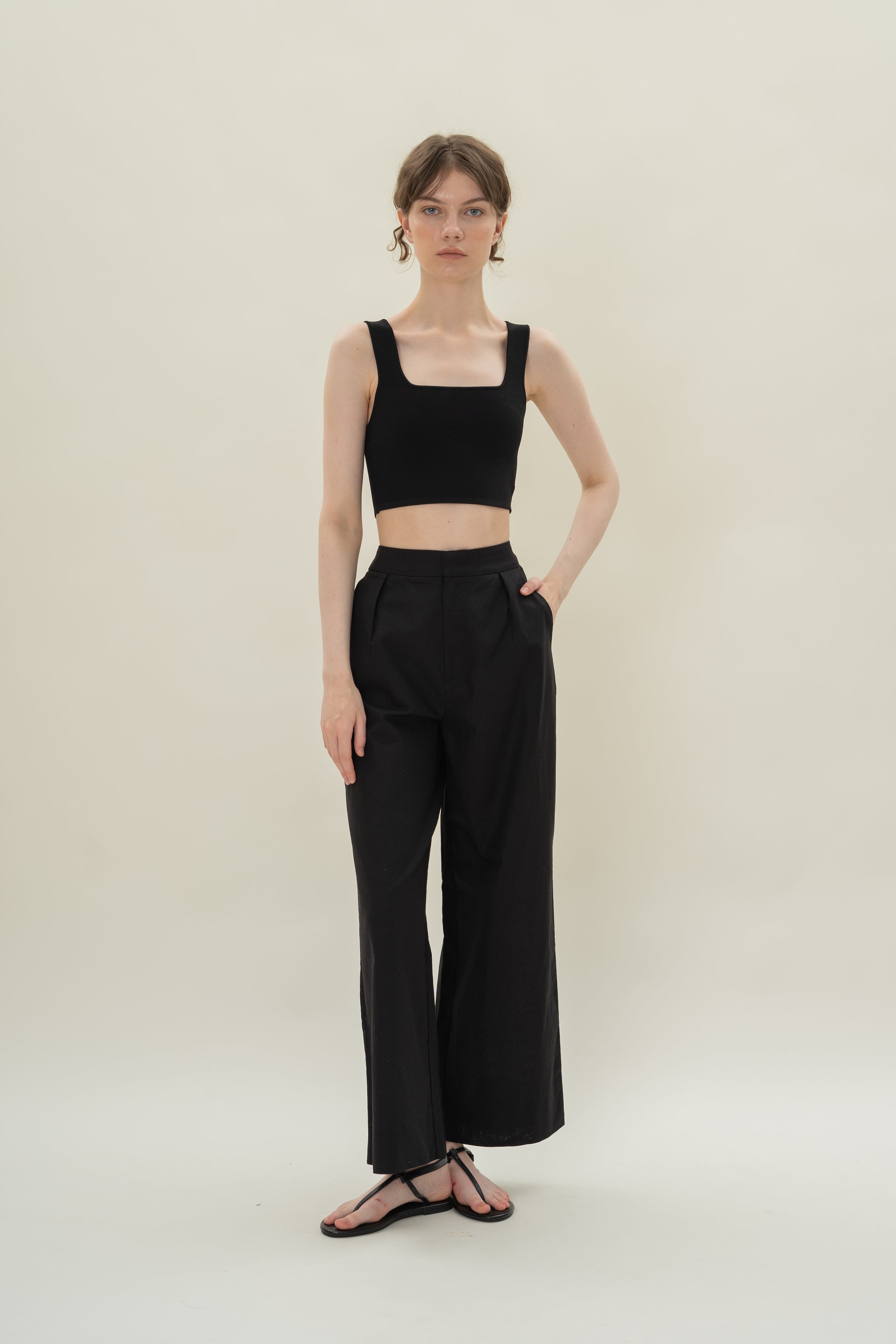 Textured Linen Trousers in Black