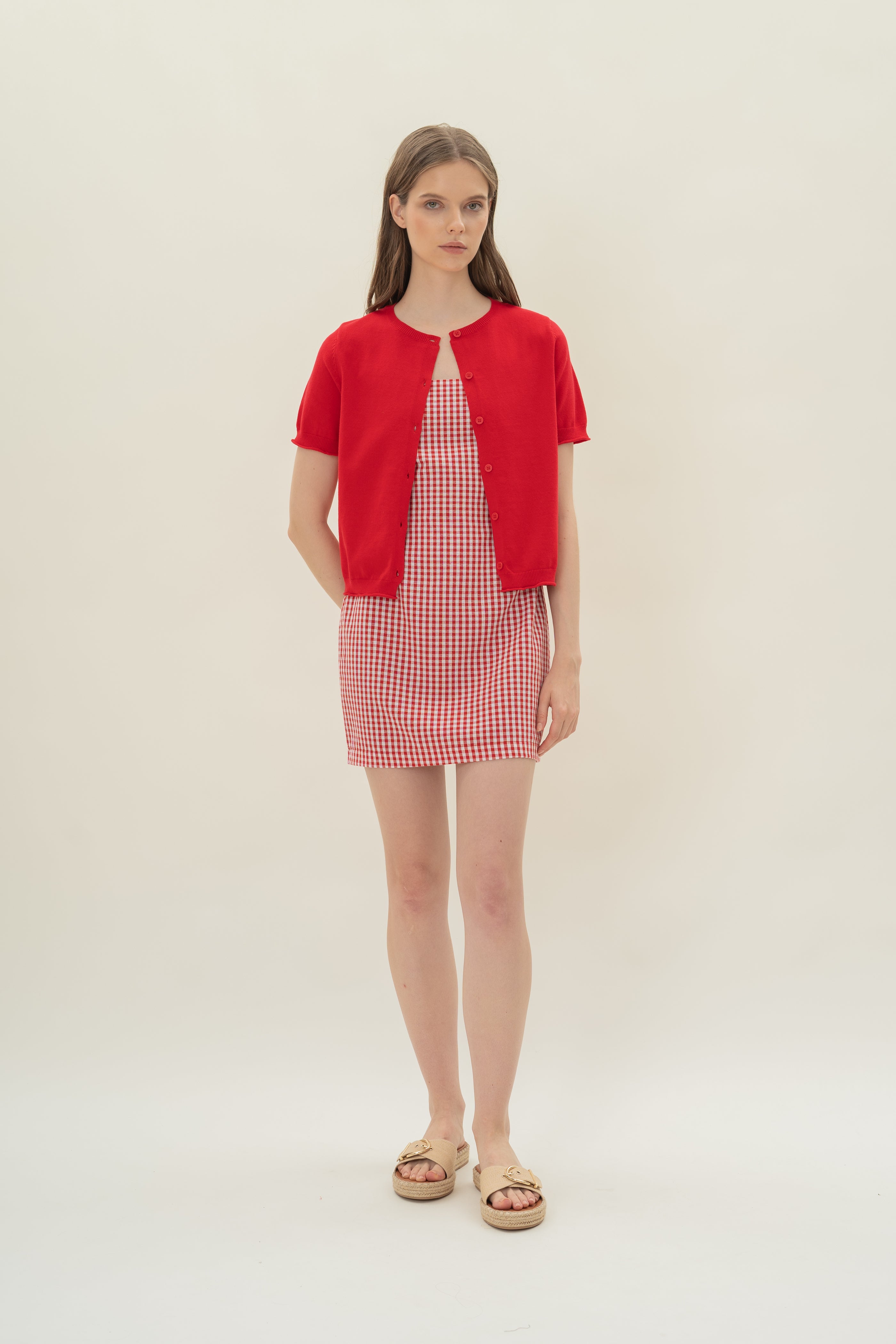 Short Sleeve Button Up Cardigan in Scarlet Red