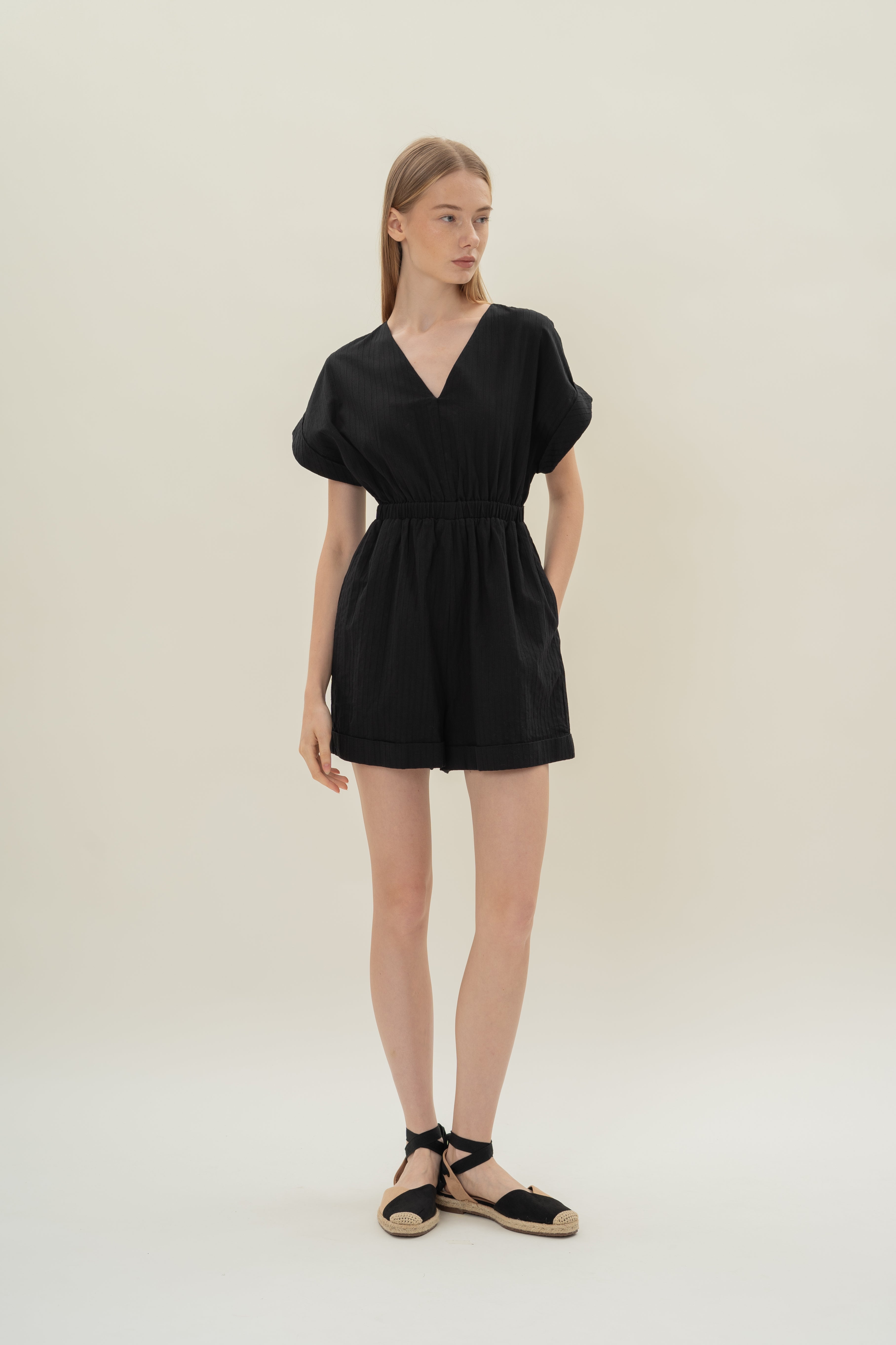 V Neck Relaxed Playsuit in Black Stripes