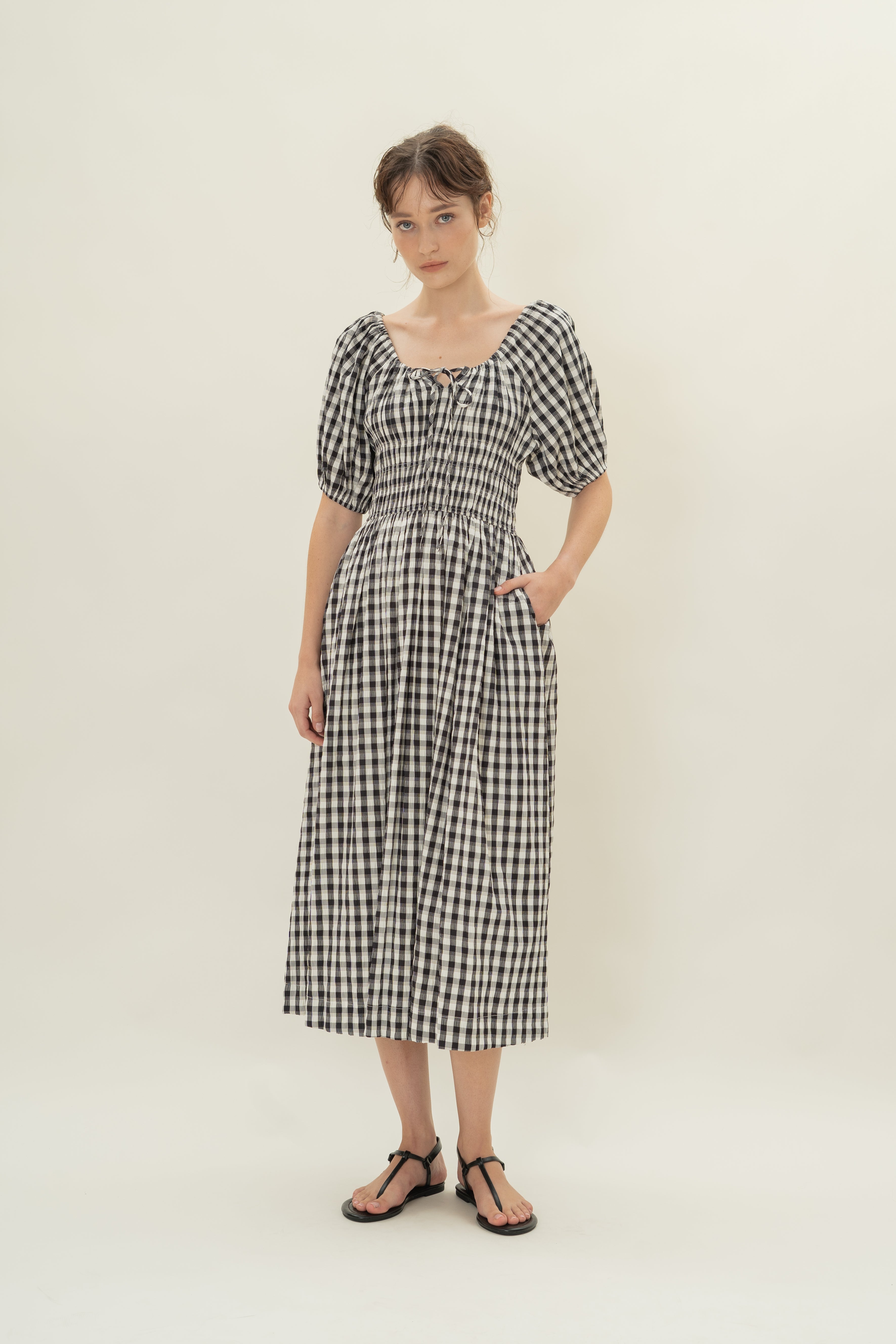 Shirred Waist Puff Sleeve Dress in Black Gingham