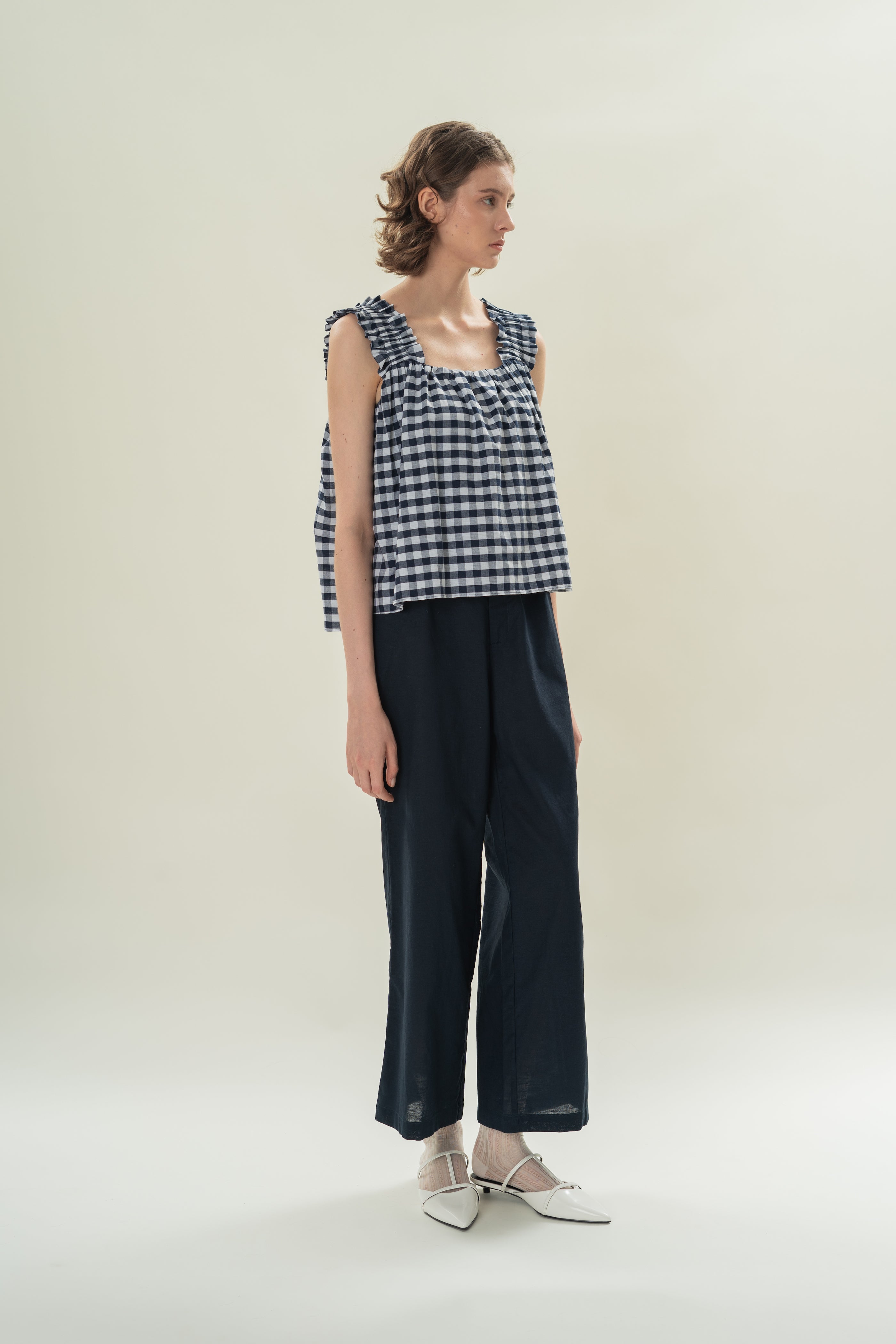 Flared Square Neck Top in Navy Gingham