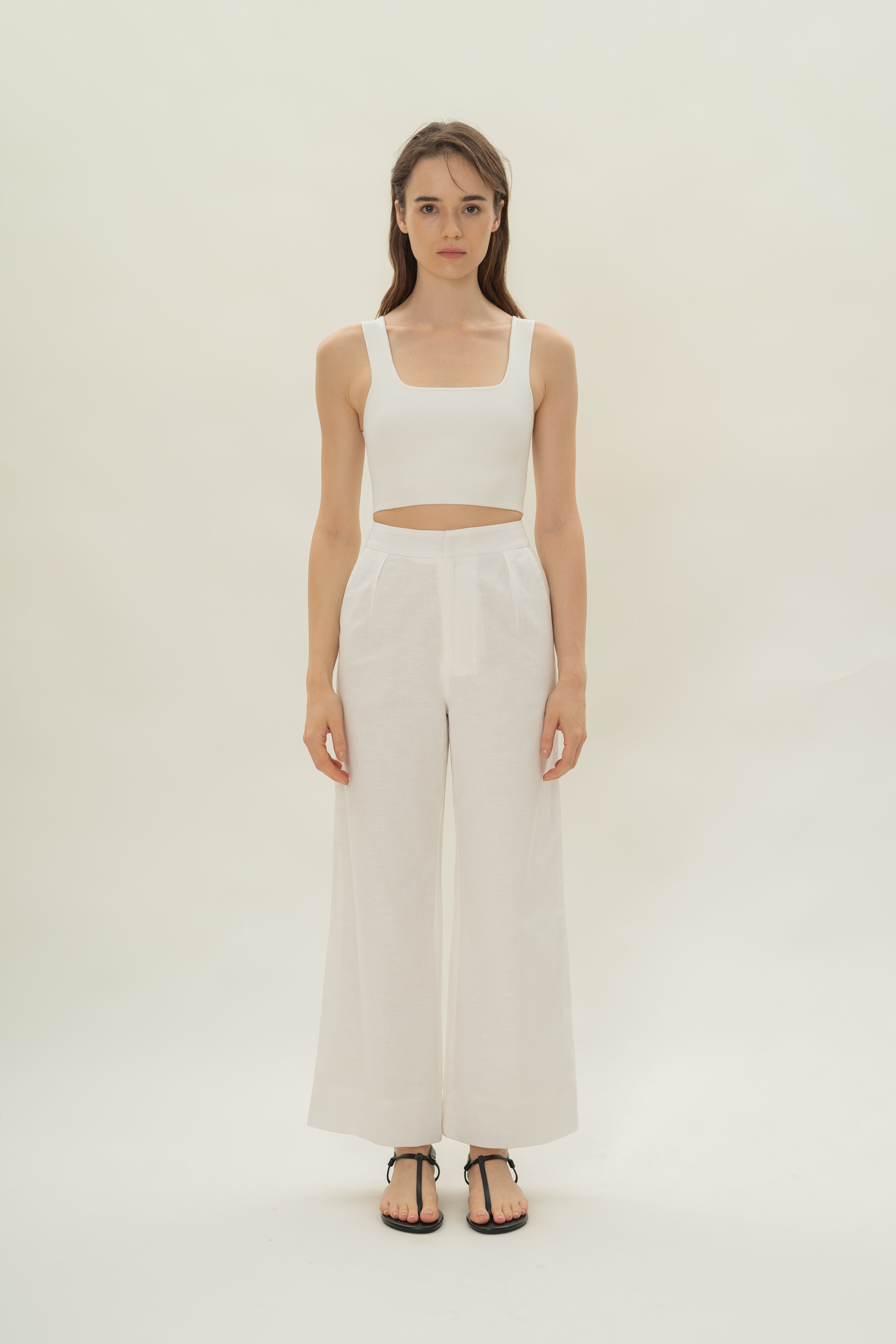 Linen Pleated Straight Trousers in White
