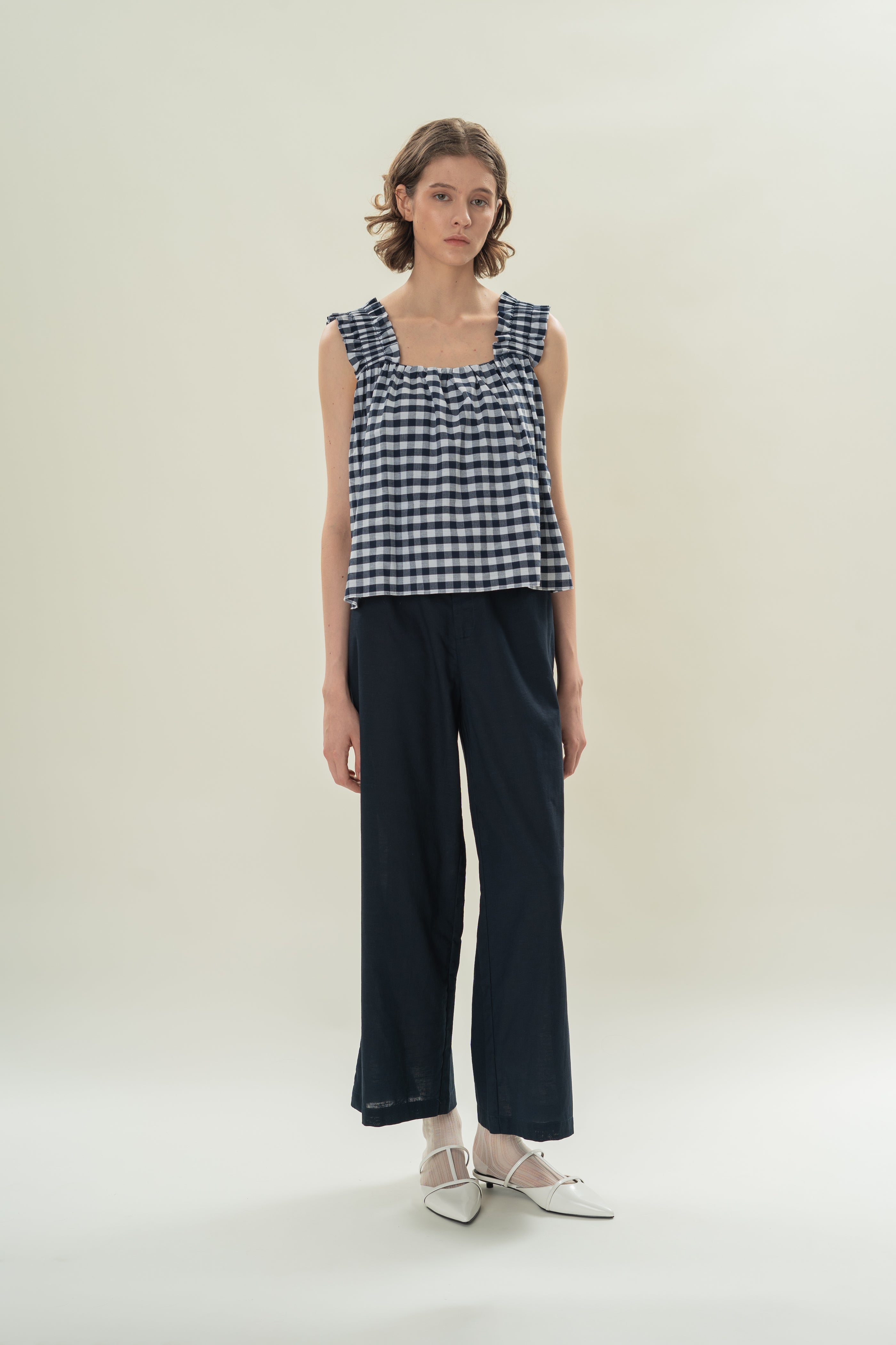 Flared Square Neck Top in Navy Gingham