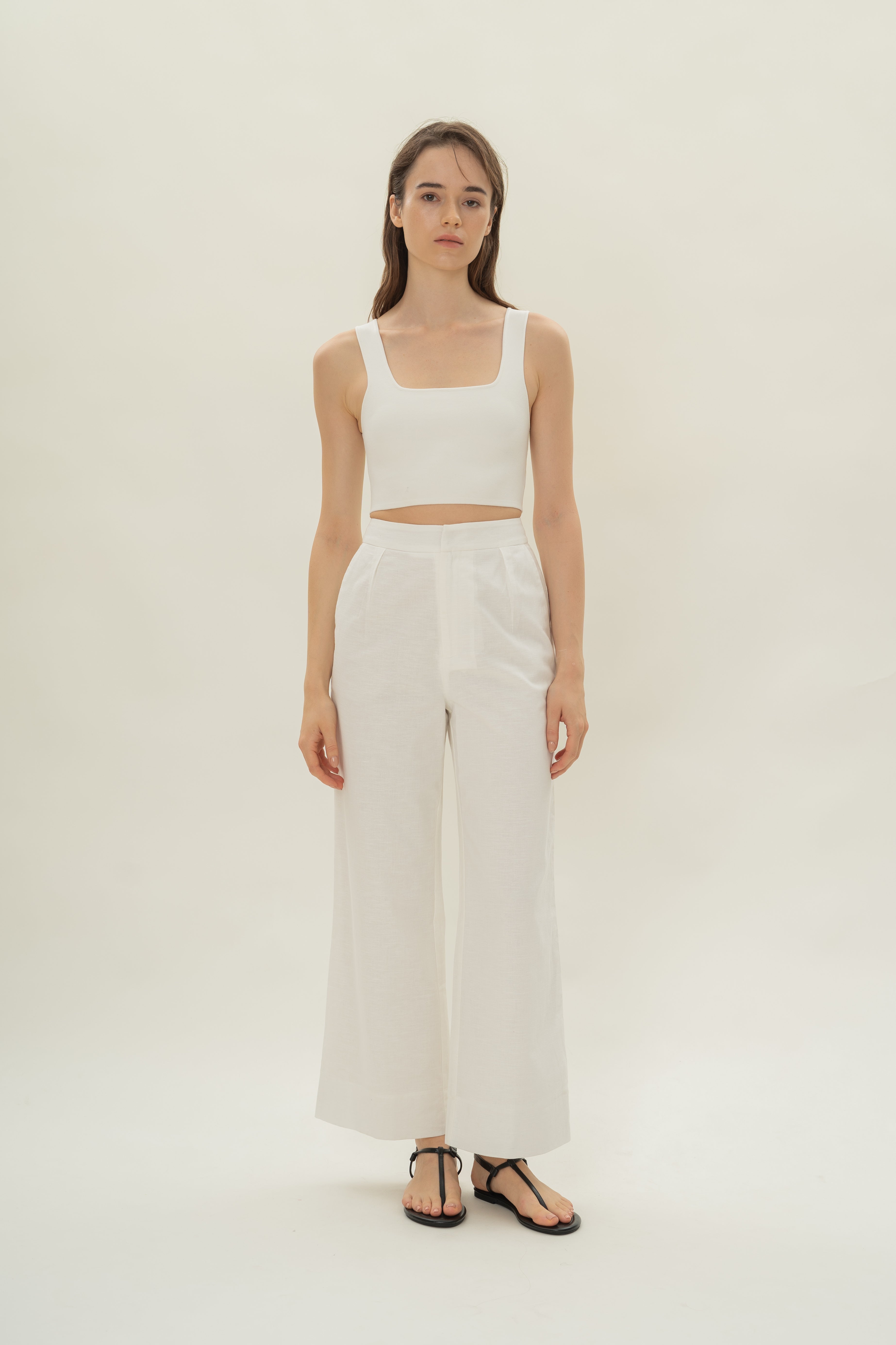 Linen Pleated Straight Trousers in White