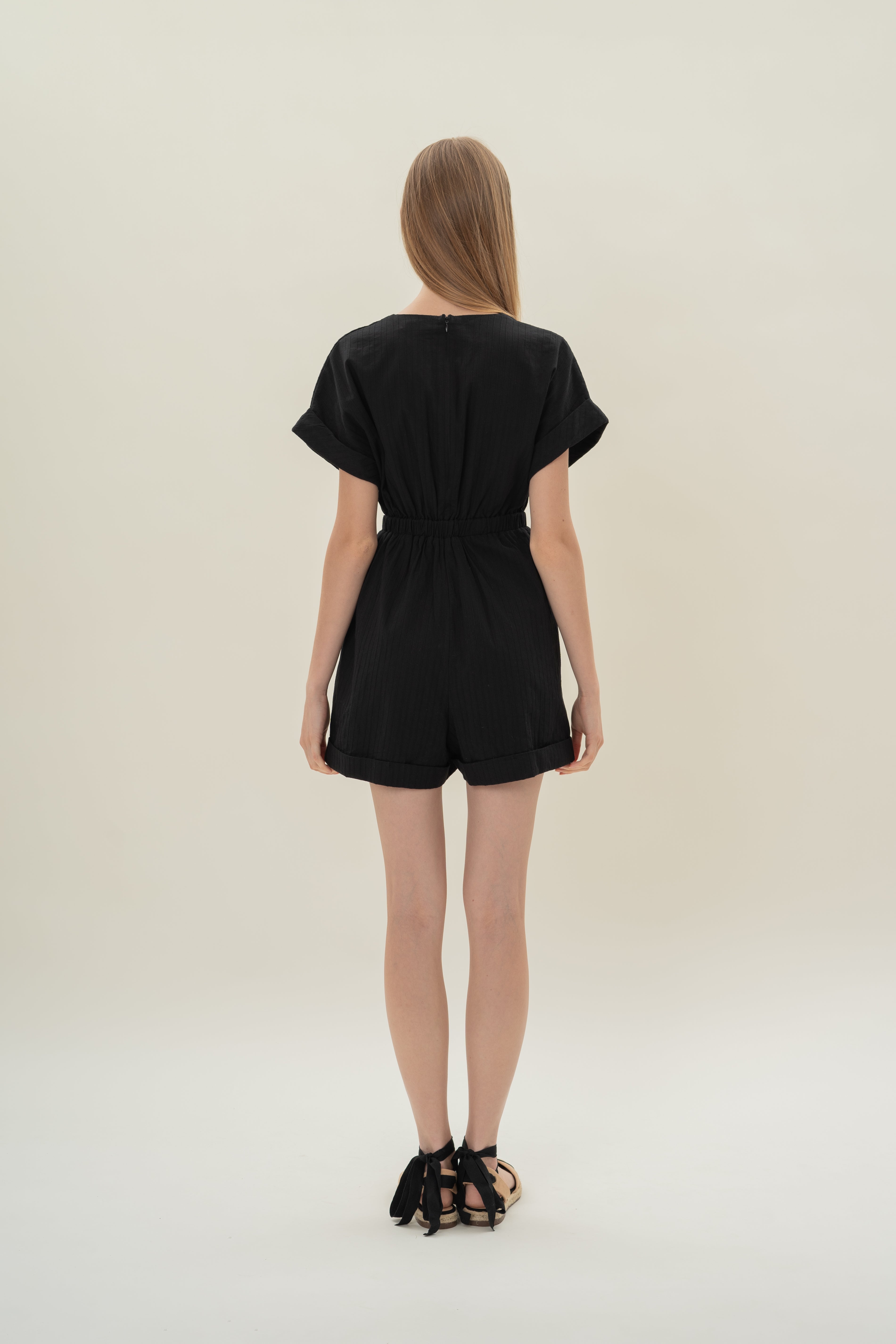 V Neck Relaxed Playsuit in Black Stripes