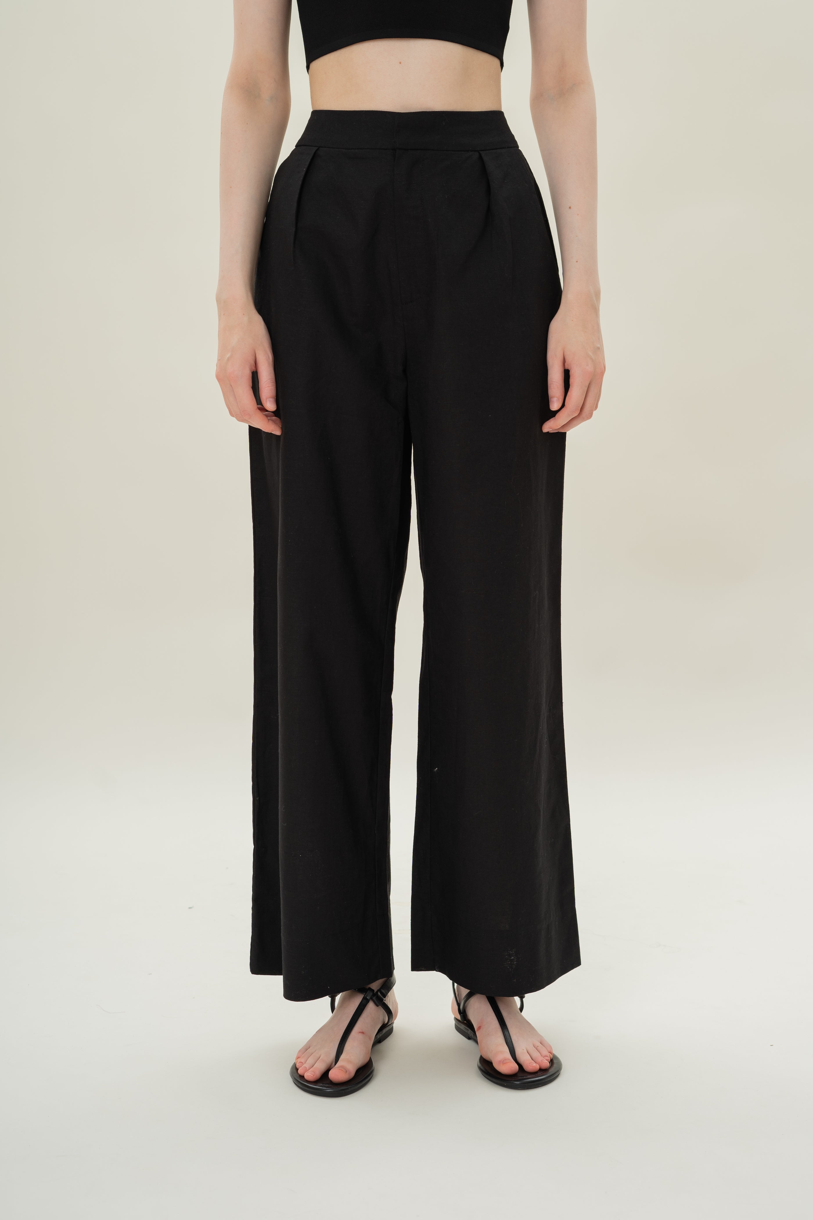 Textured Linen Trousers in Black