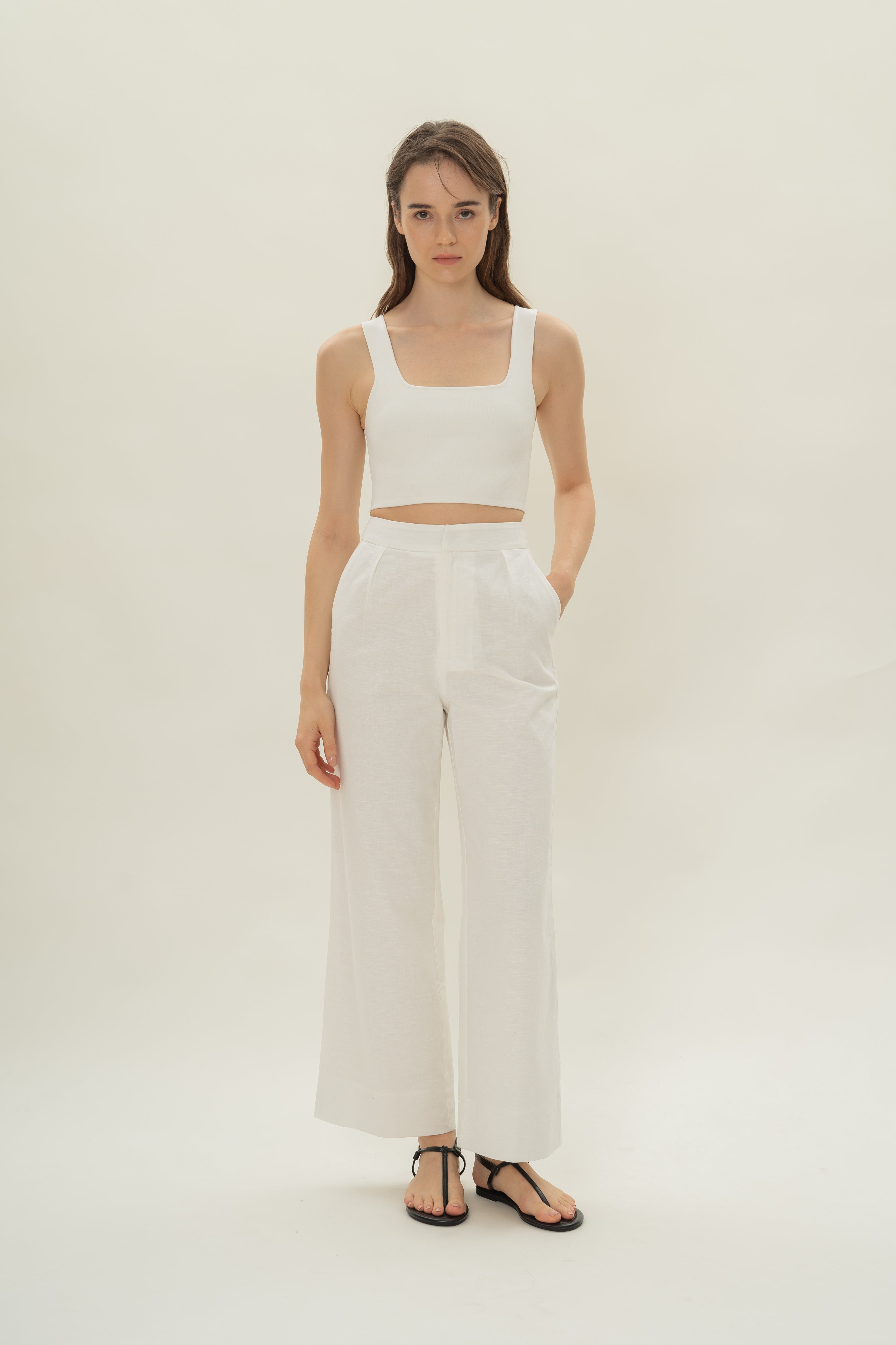 Linen Pleated Straight Trousers in White