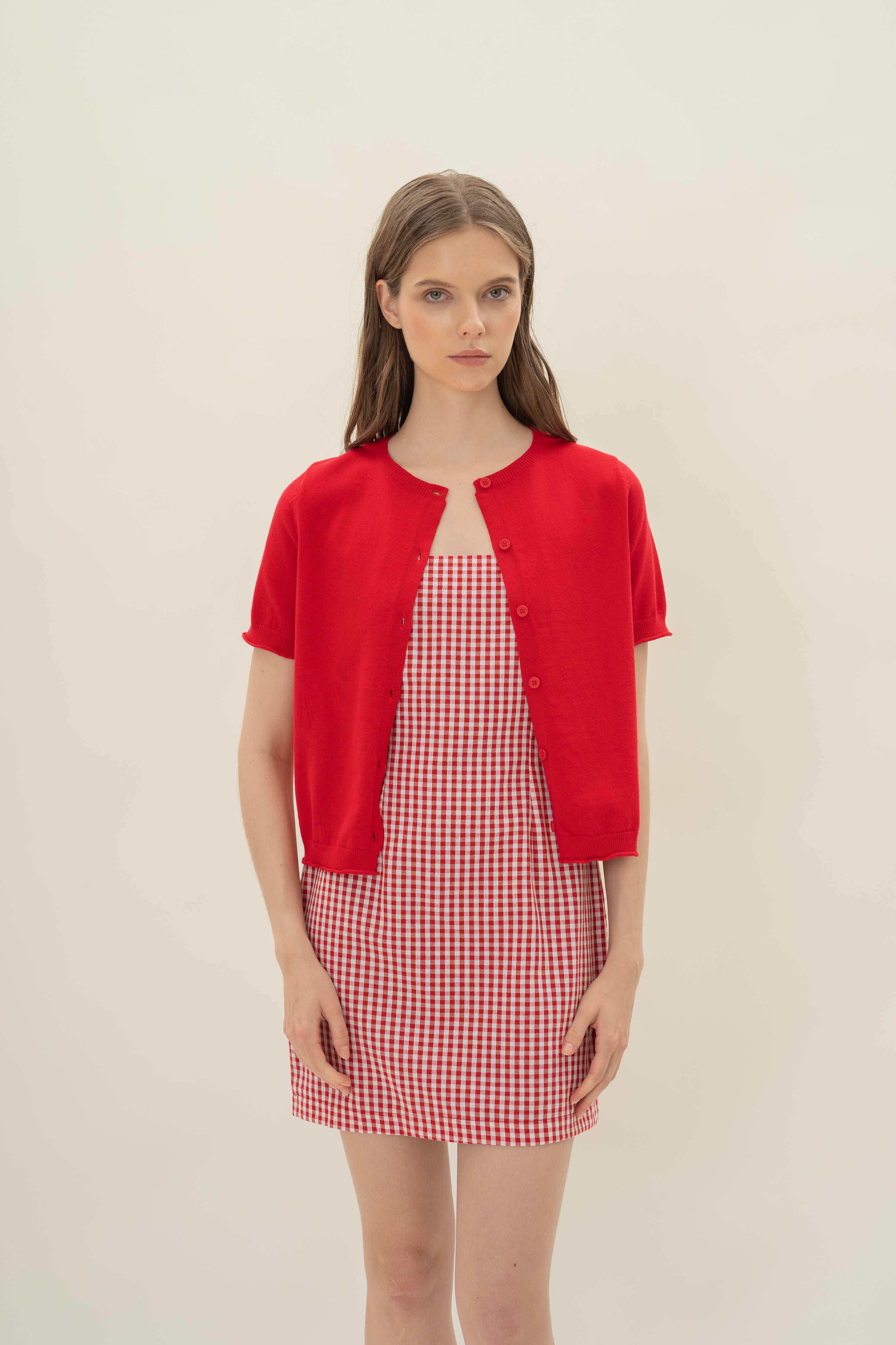 Short Sleeve Button Up Cardigan in Scarlet Red