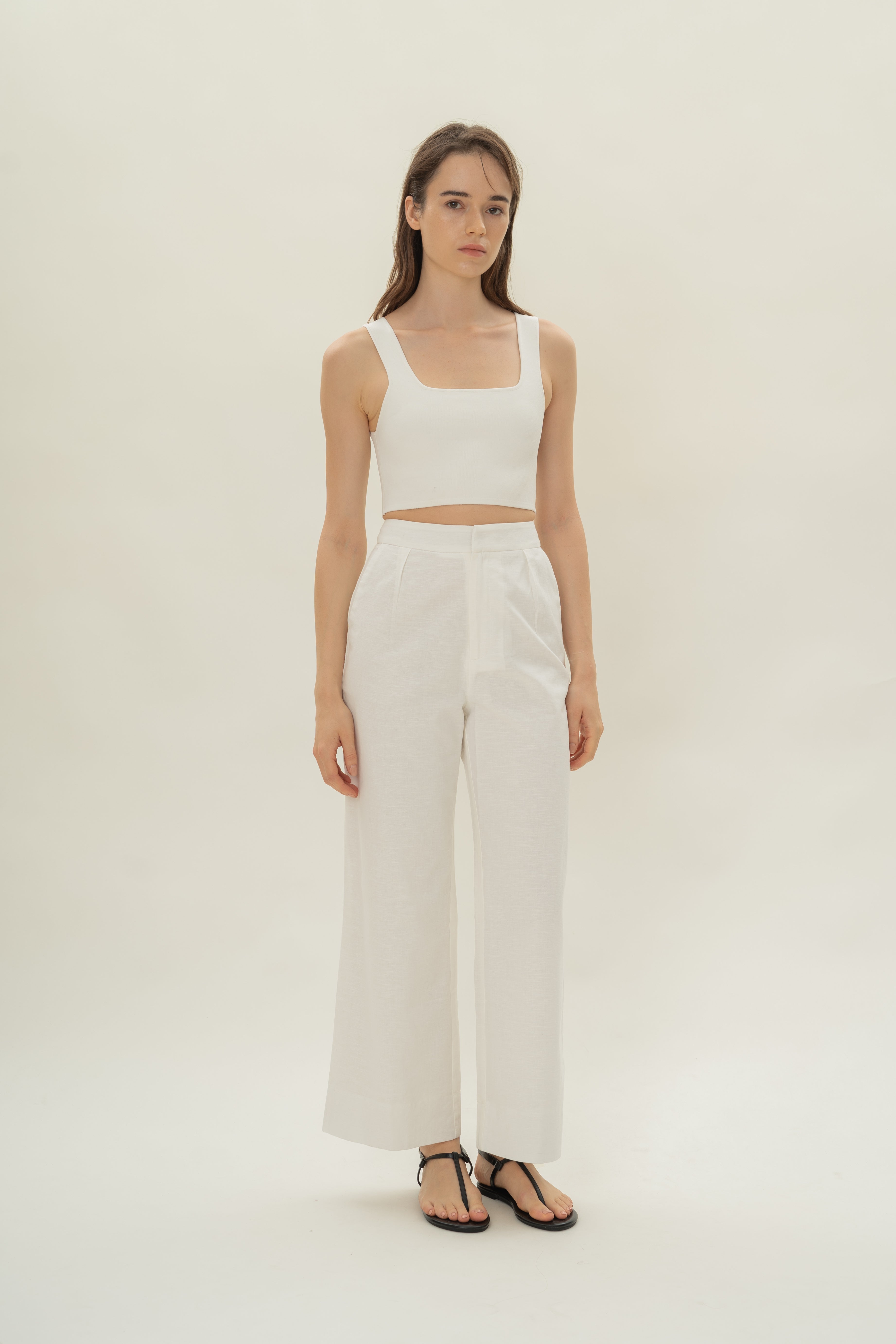 Linen Pleated Straight Trousers in White