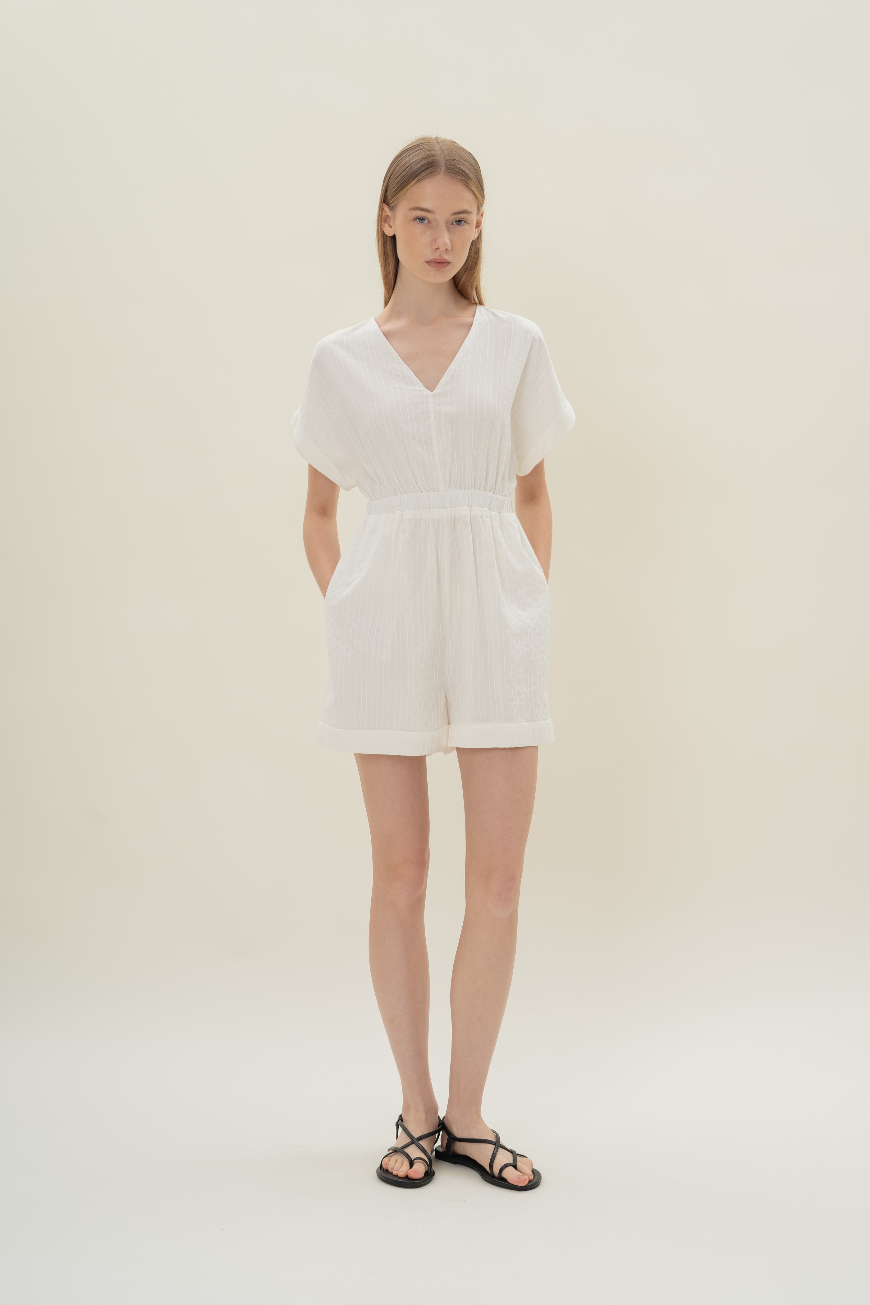 V Neck Relaxed Playsuit in White Stripes