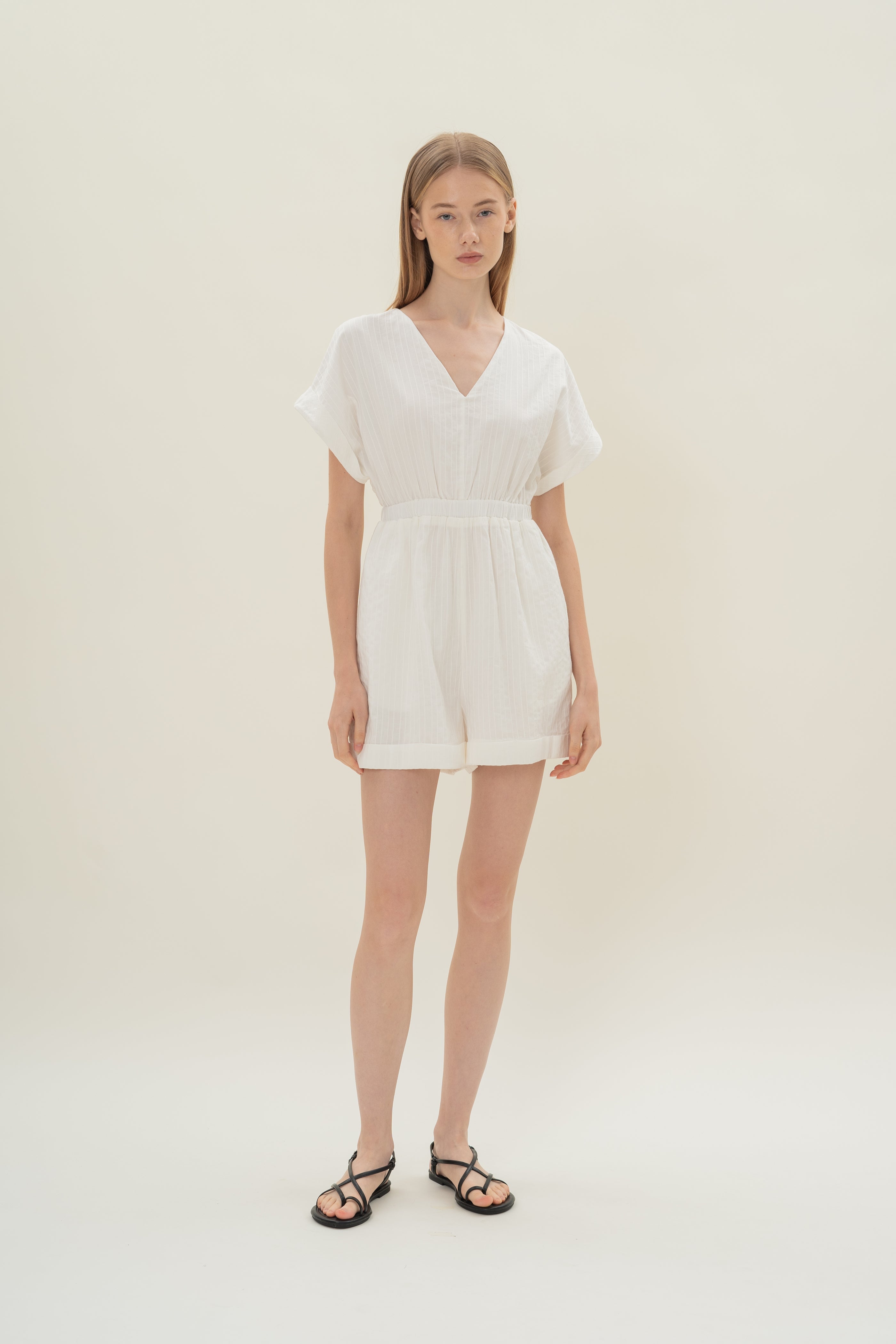 V Neck Relaxed Playsuit in White Stripes