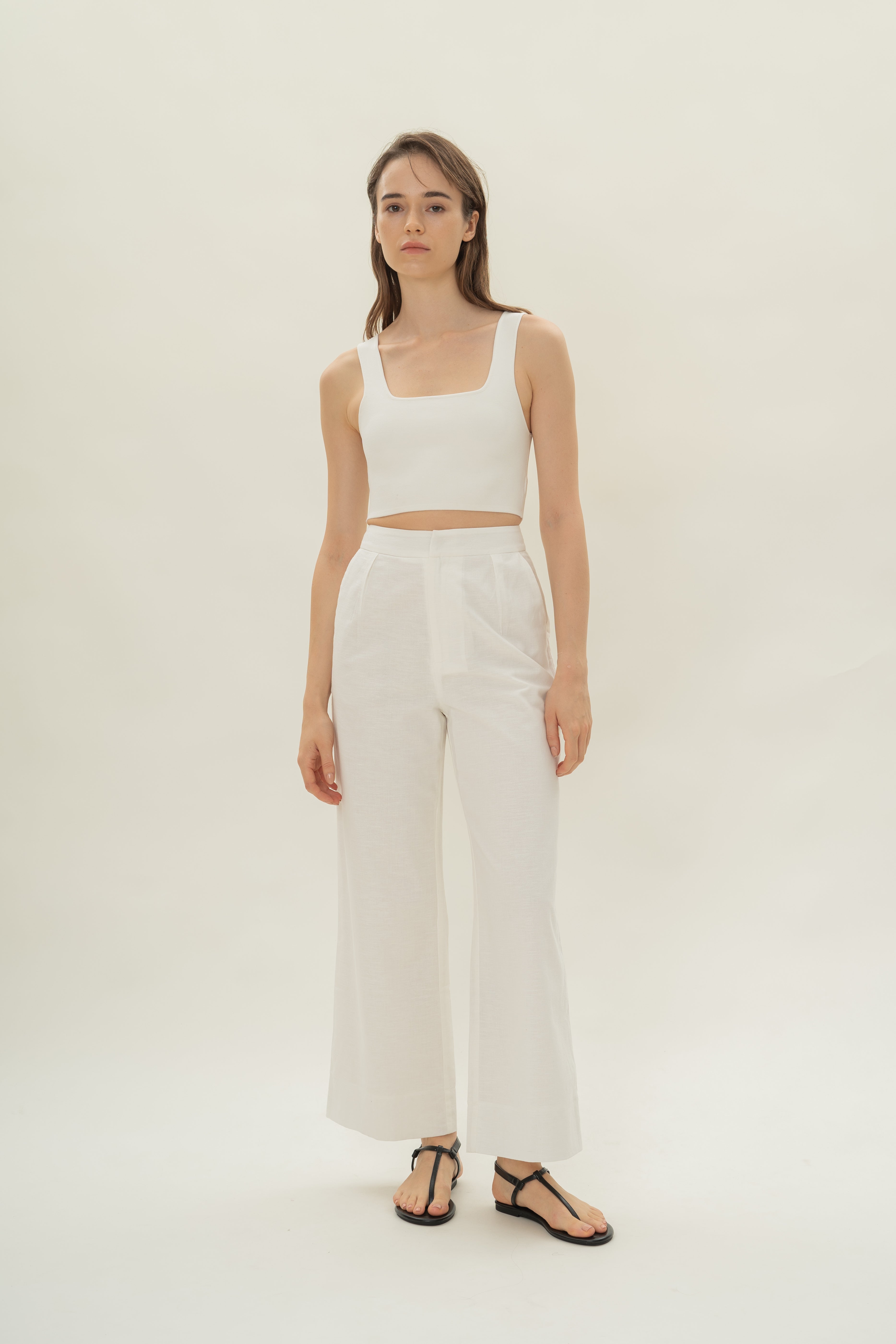 Linen Pleated Straight Trousers in White