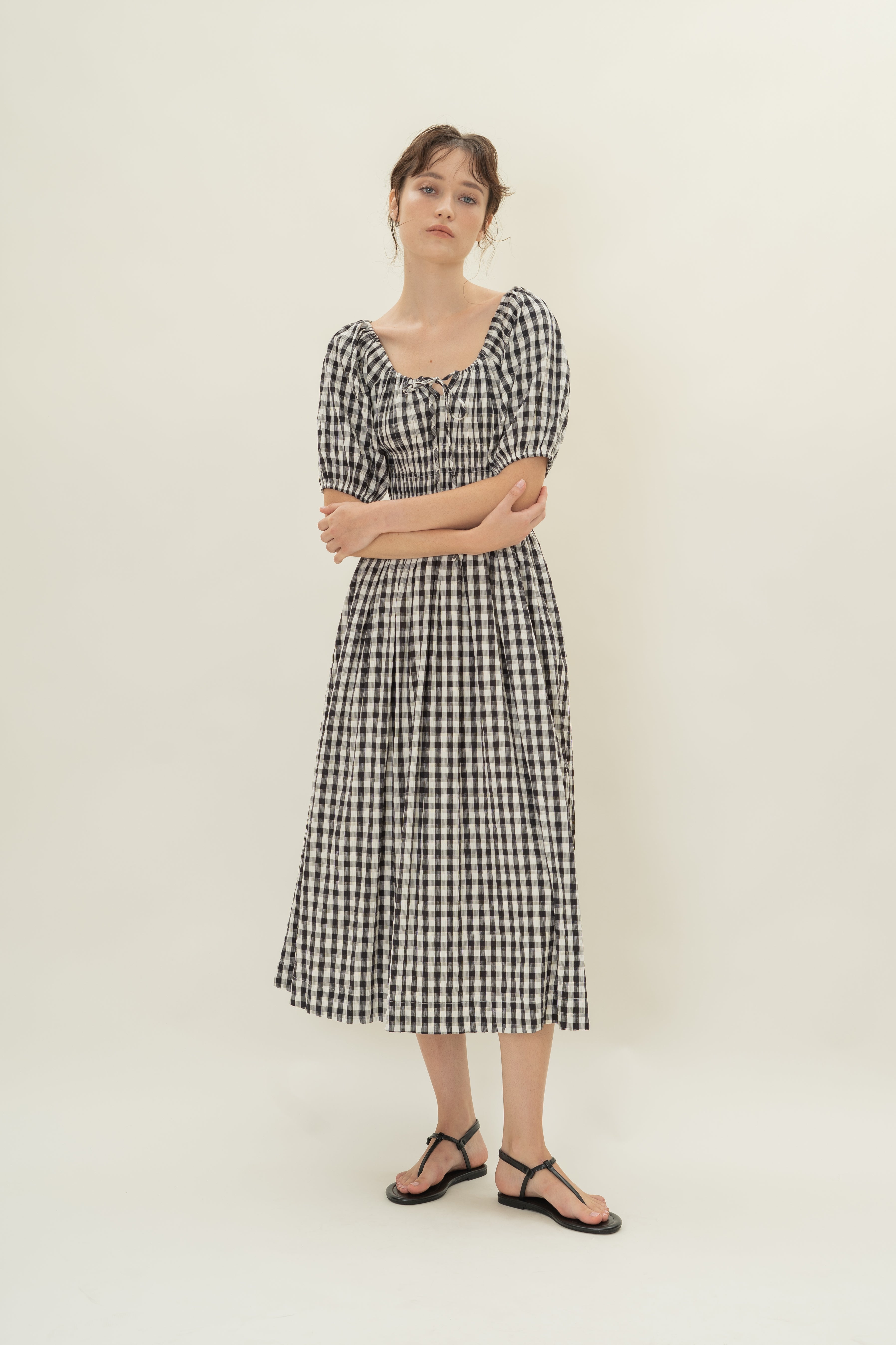 Shirred Waist Puff Sleeve Dress in Black Gingham