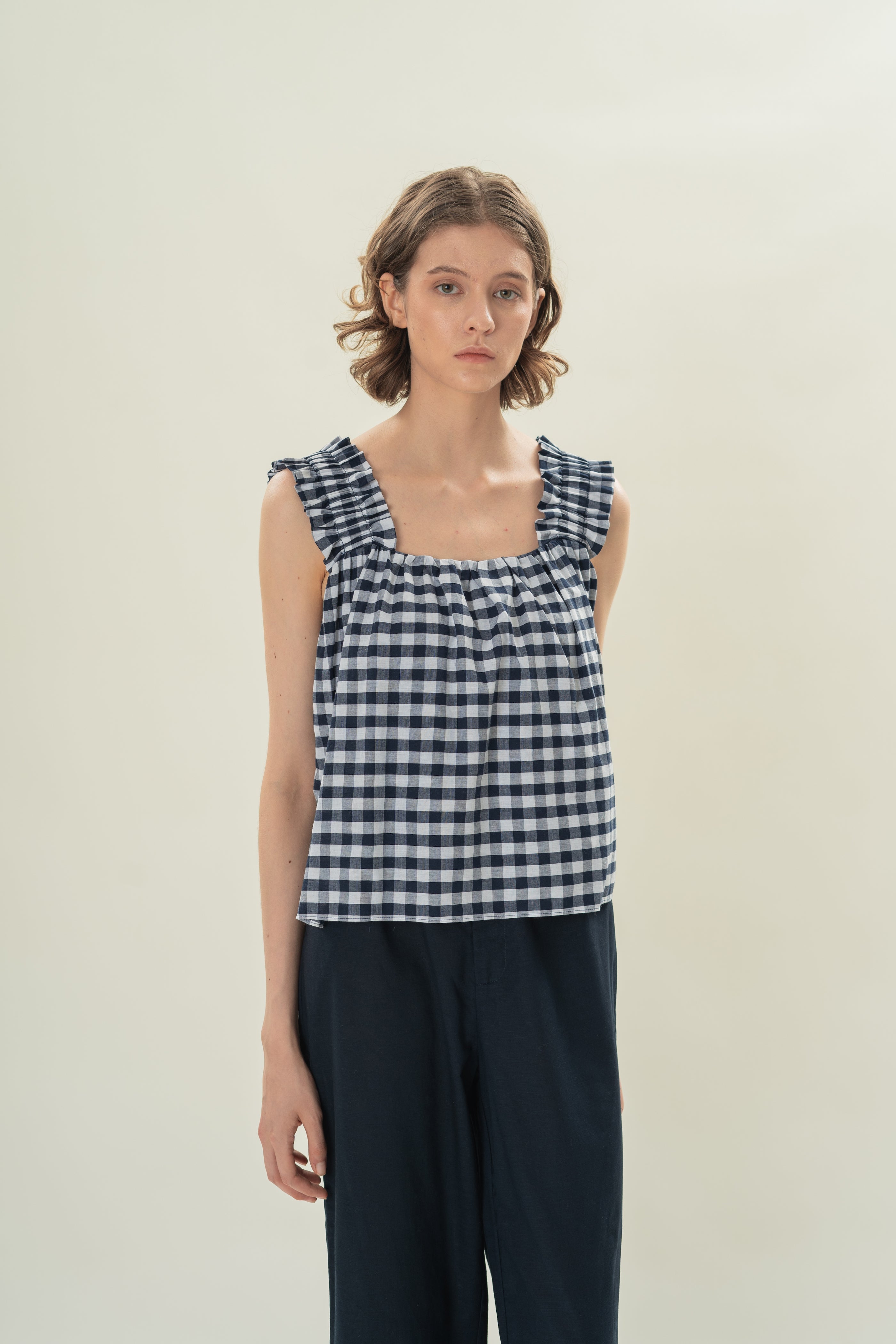 Flared Square Neck Top in Navy Gingham