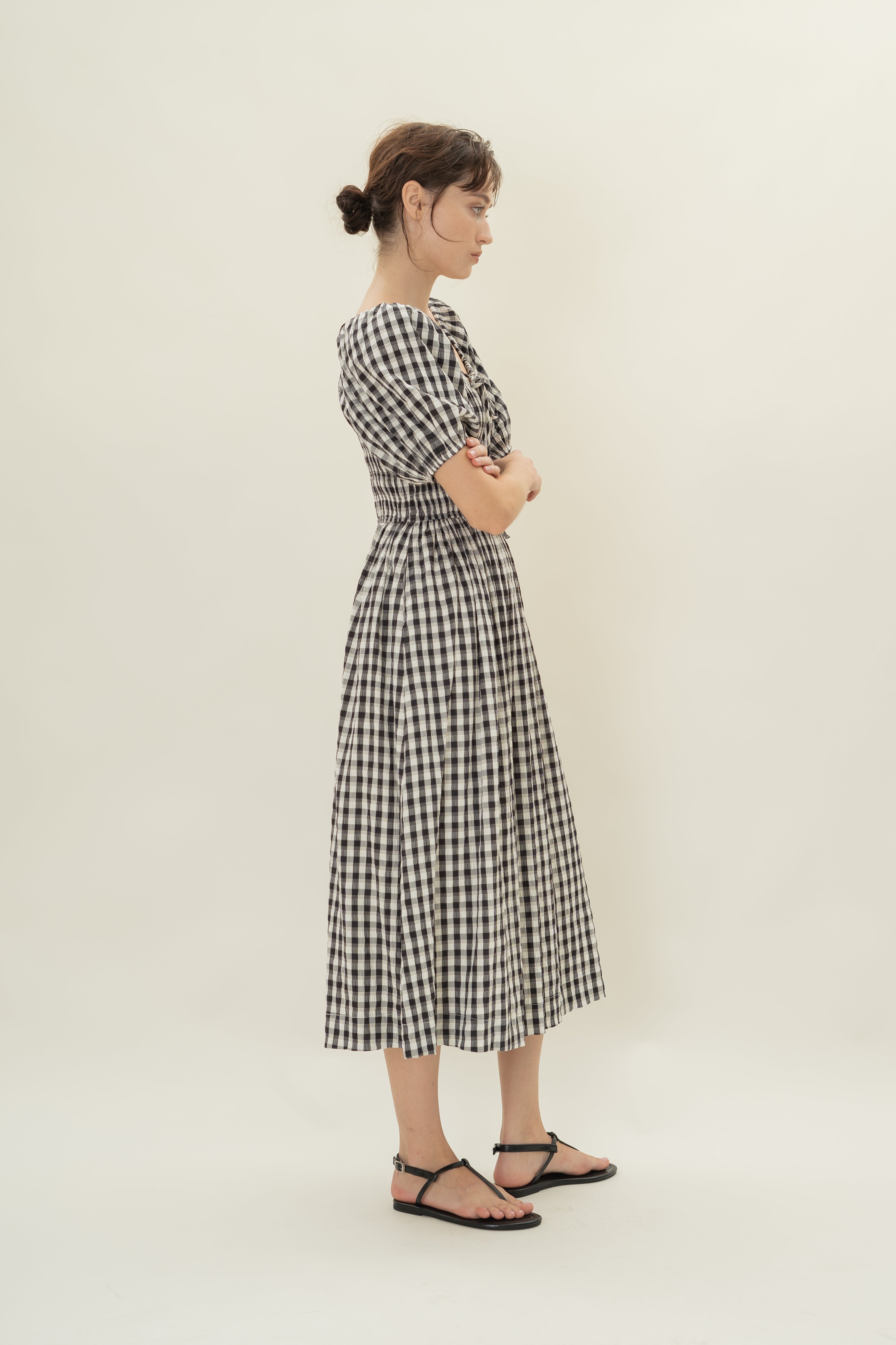Shirred Waist Puff Sleeve Dress in Black Gingham