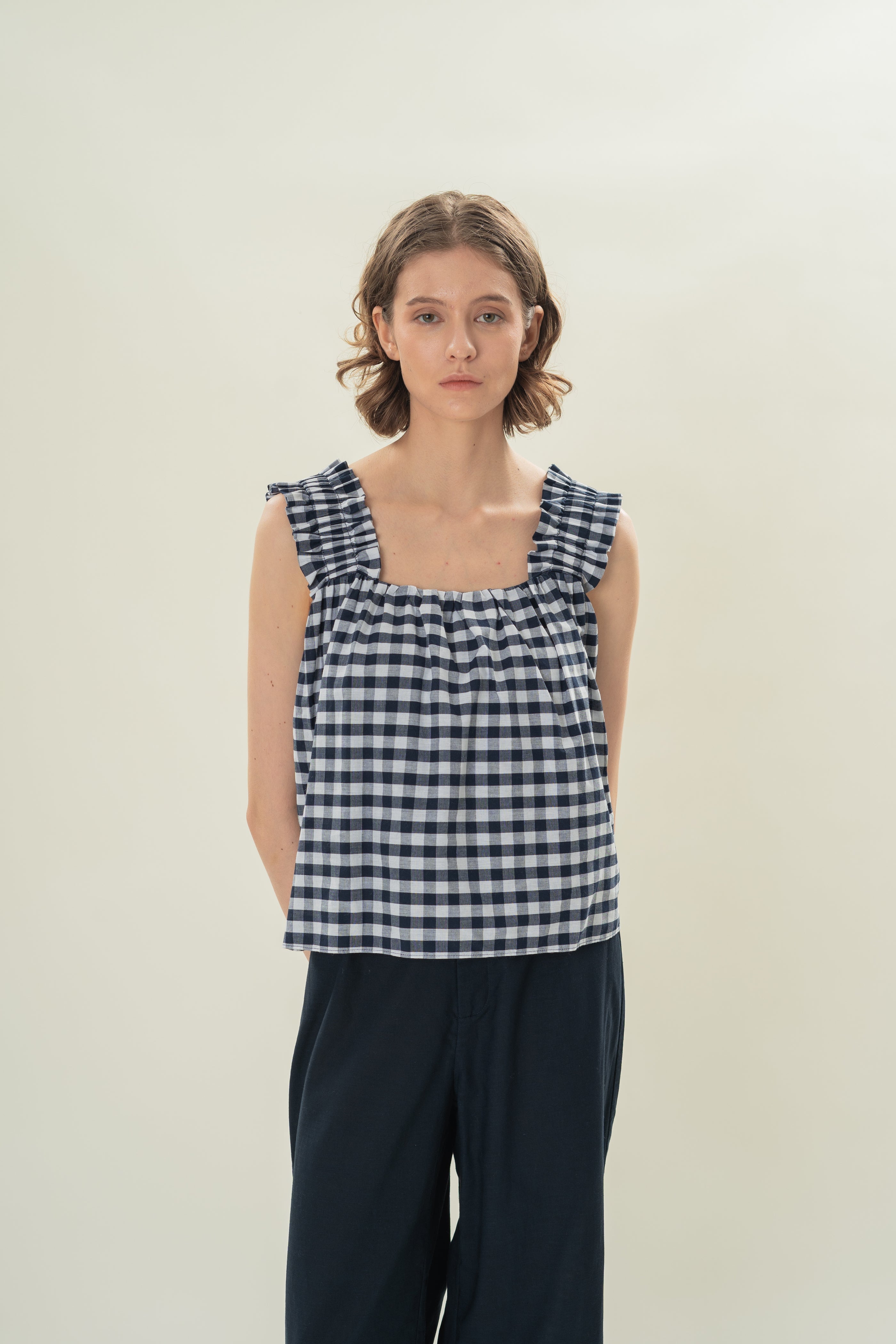 Flared Square Neck Top in Navy Gingham