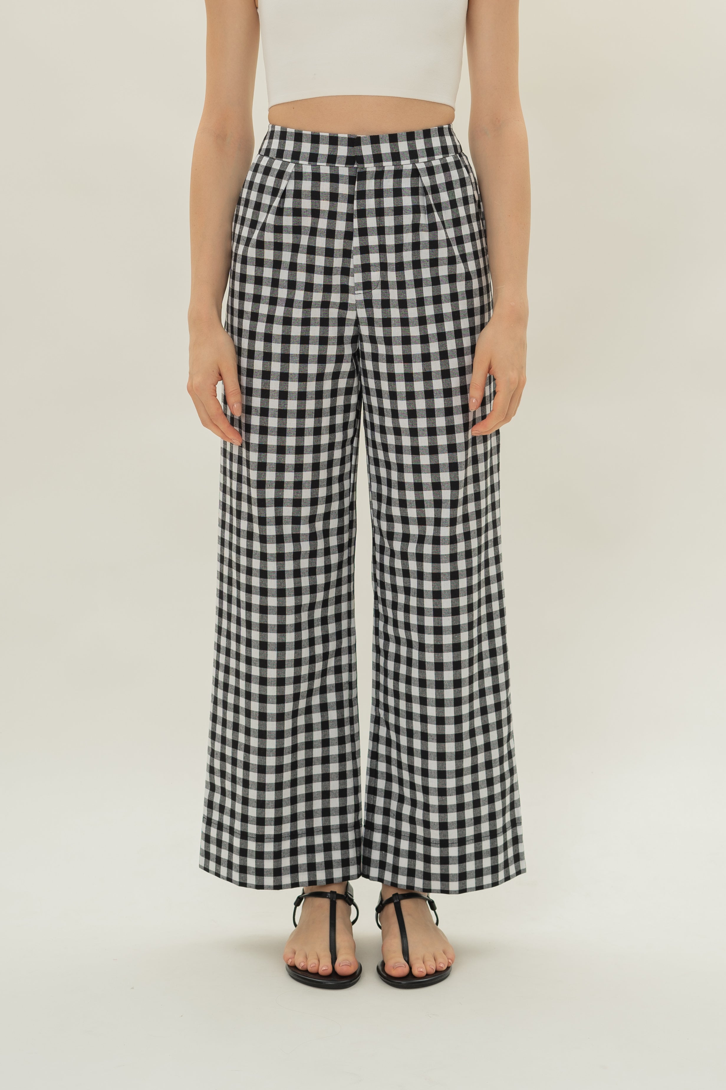 Linen Pleated Straight Trousers in Black Gingham