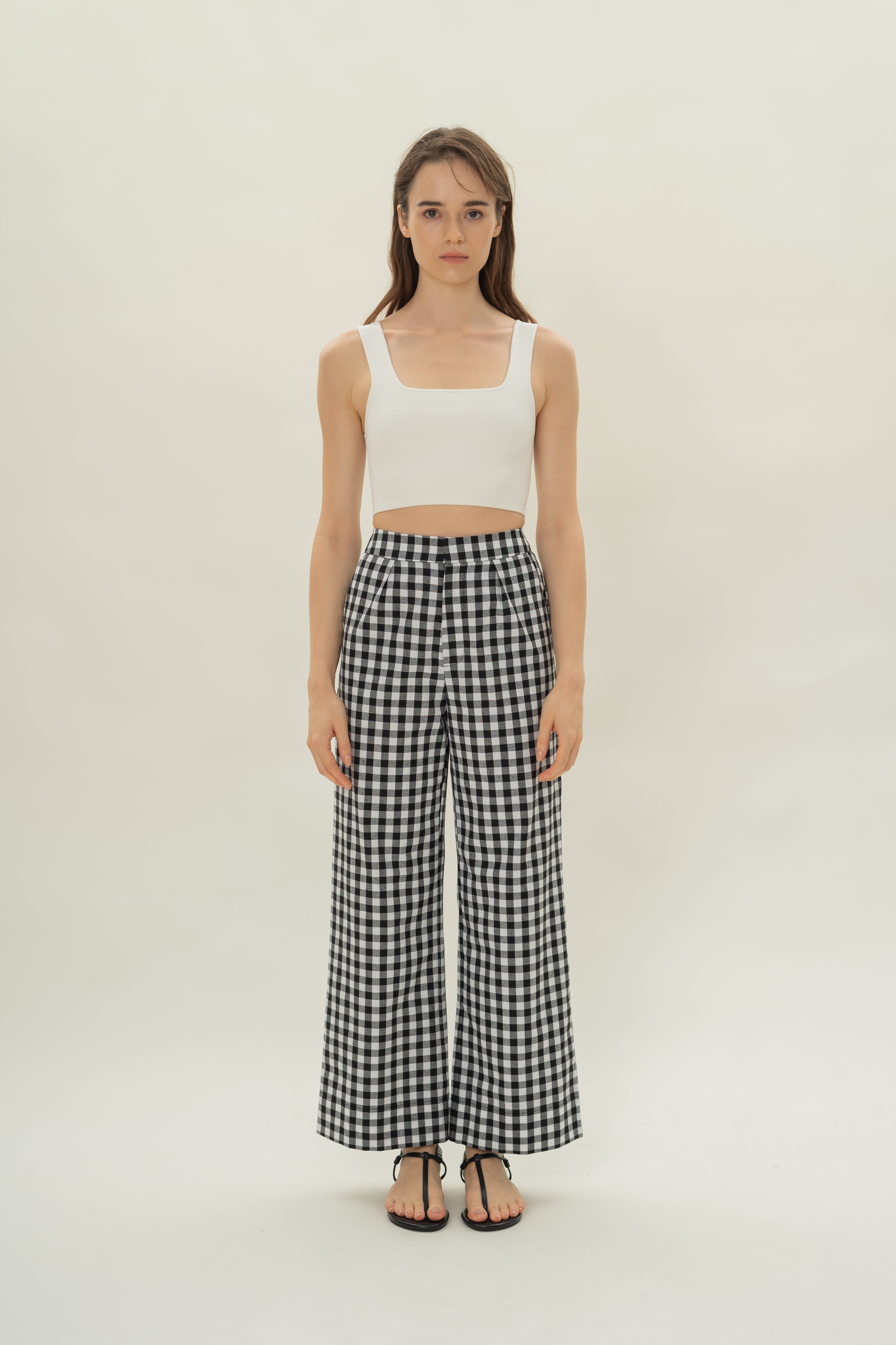 Linen Pleated Straight Trousers in Black Gingham