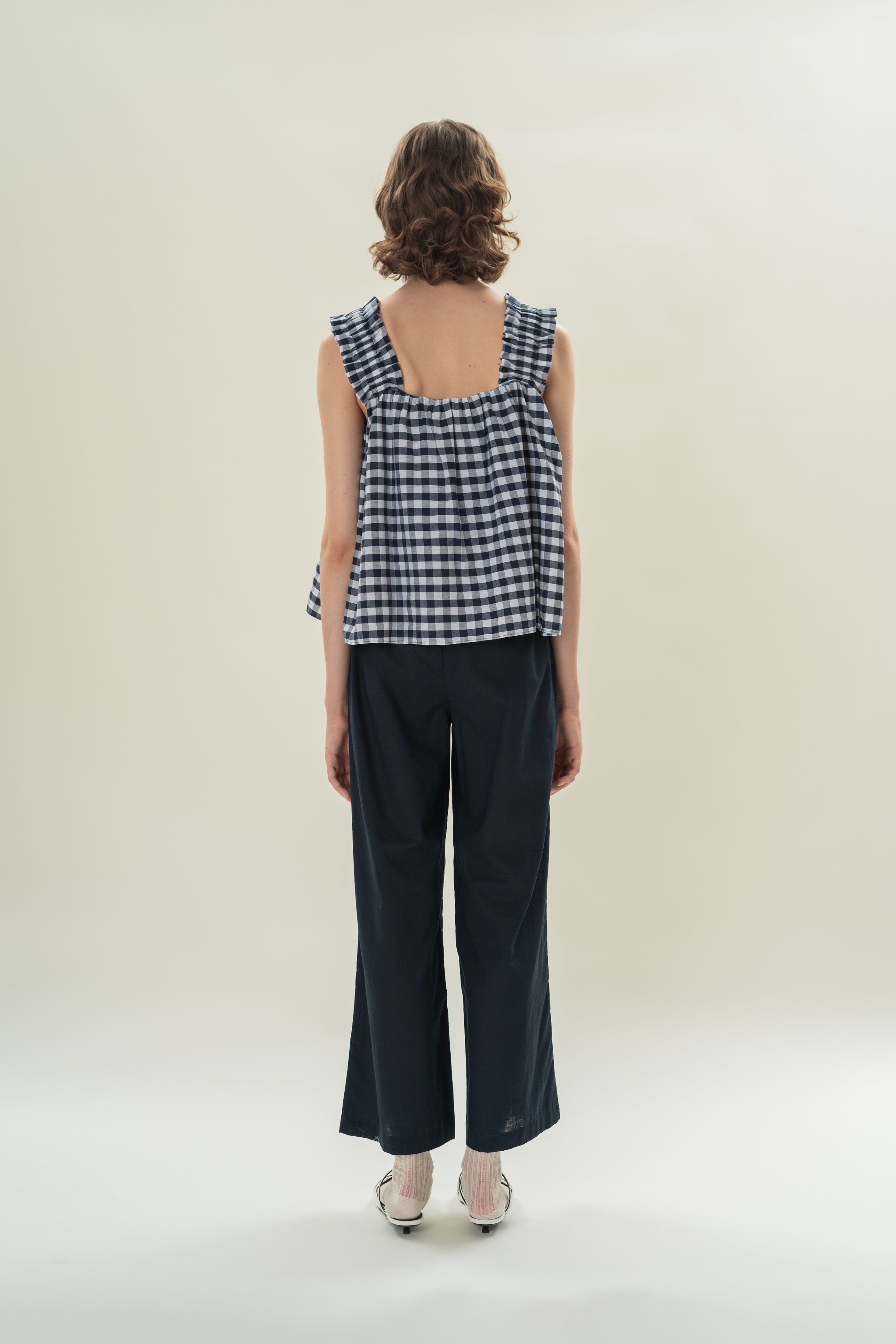 Flared Square Neck Top in Navy Gingham