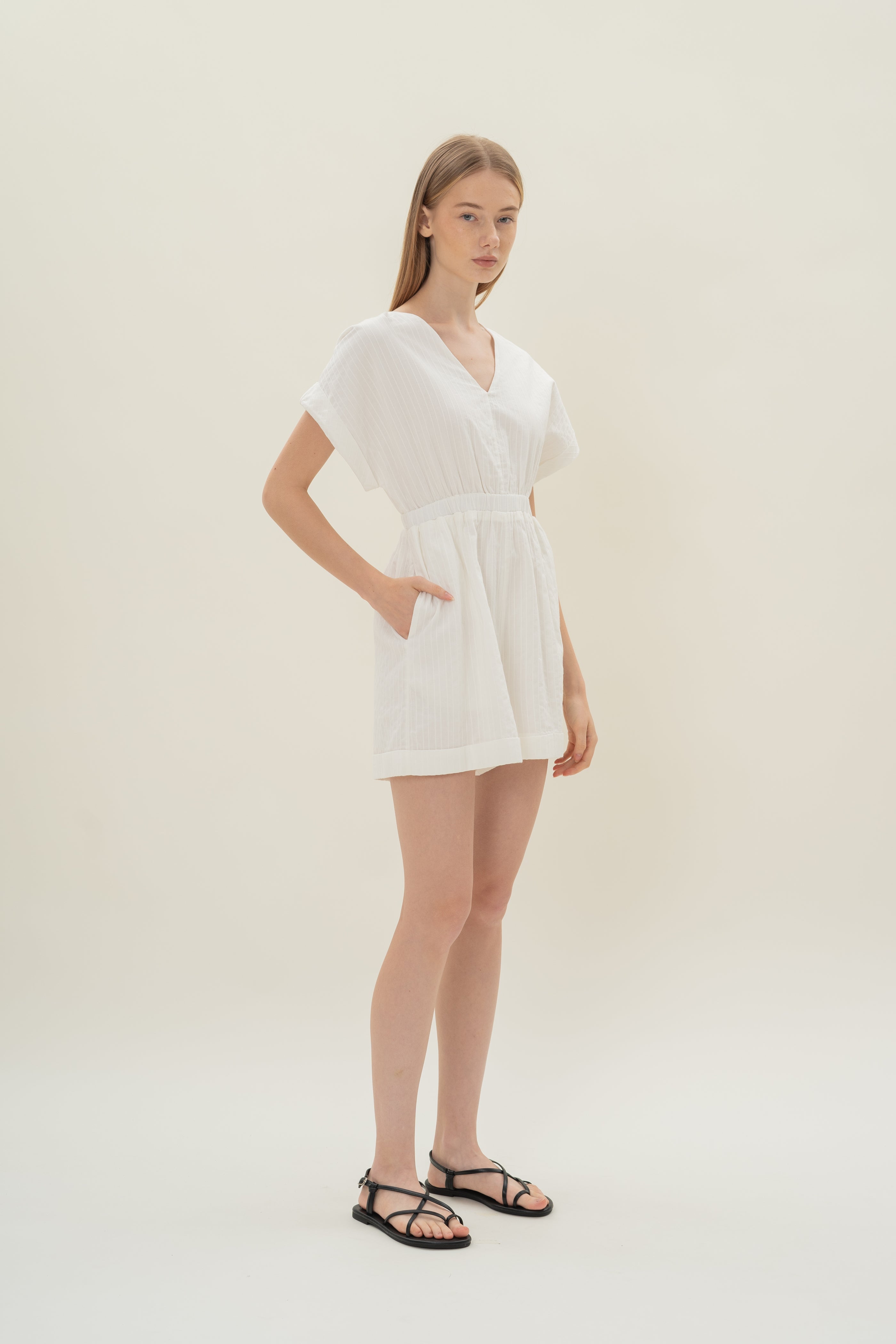 V Neck Relaxed Playsuit in White Stripes