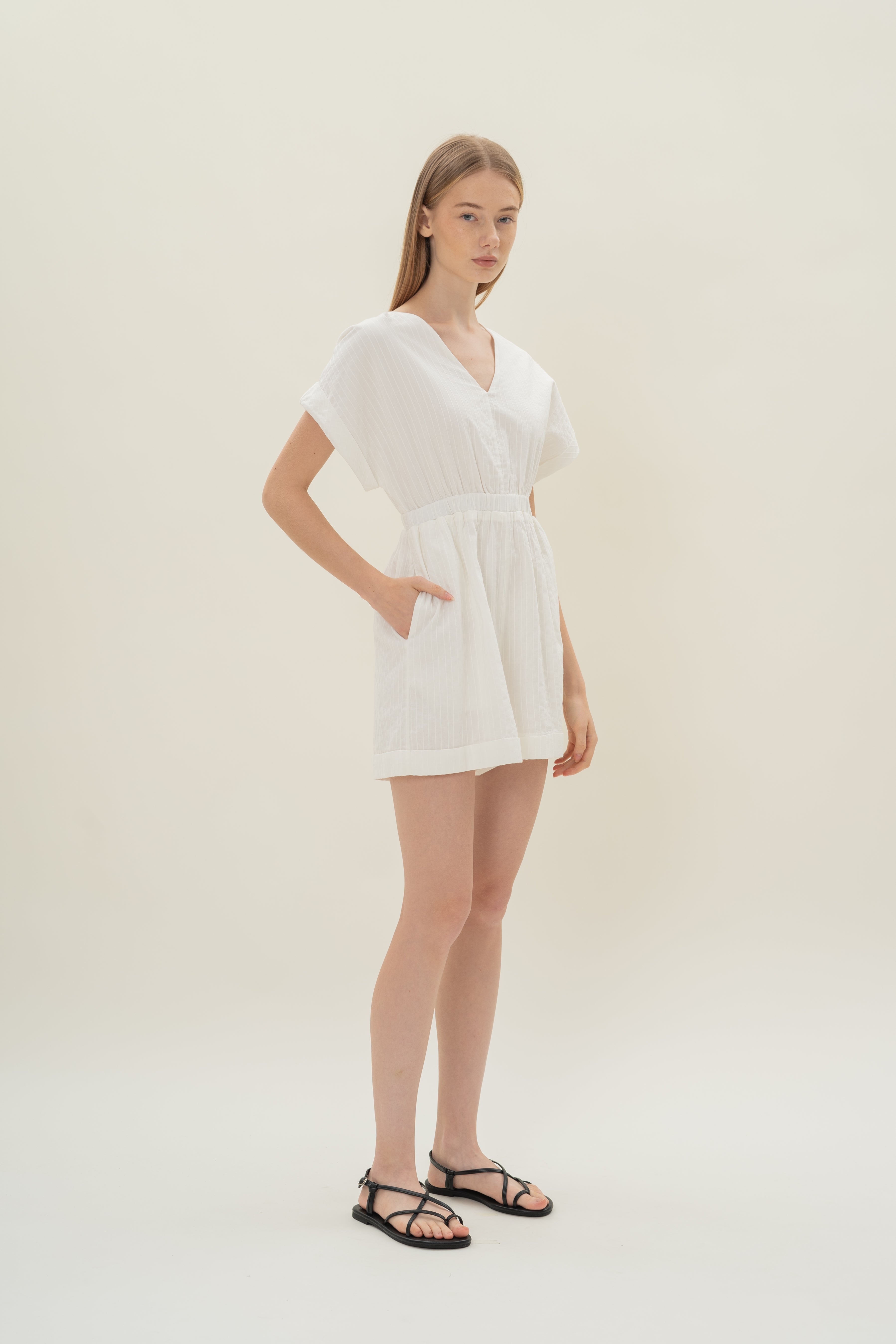 V Neck Relaxed Playsuit in White Stripes