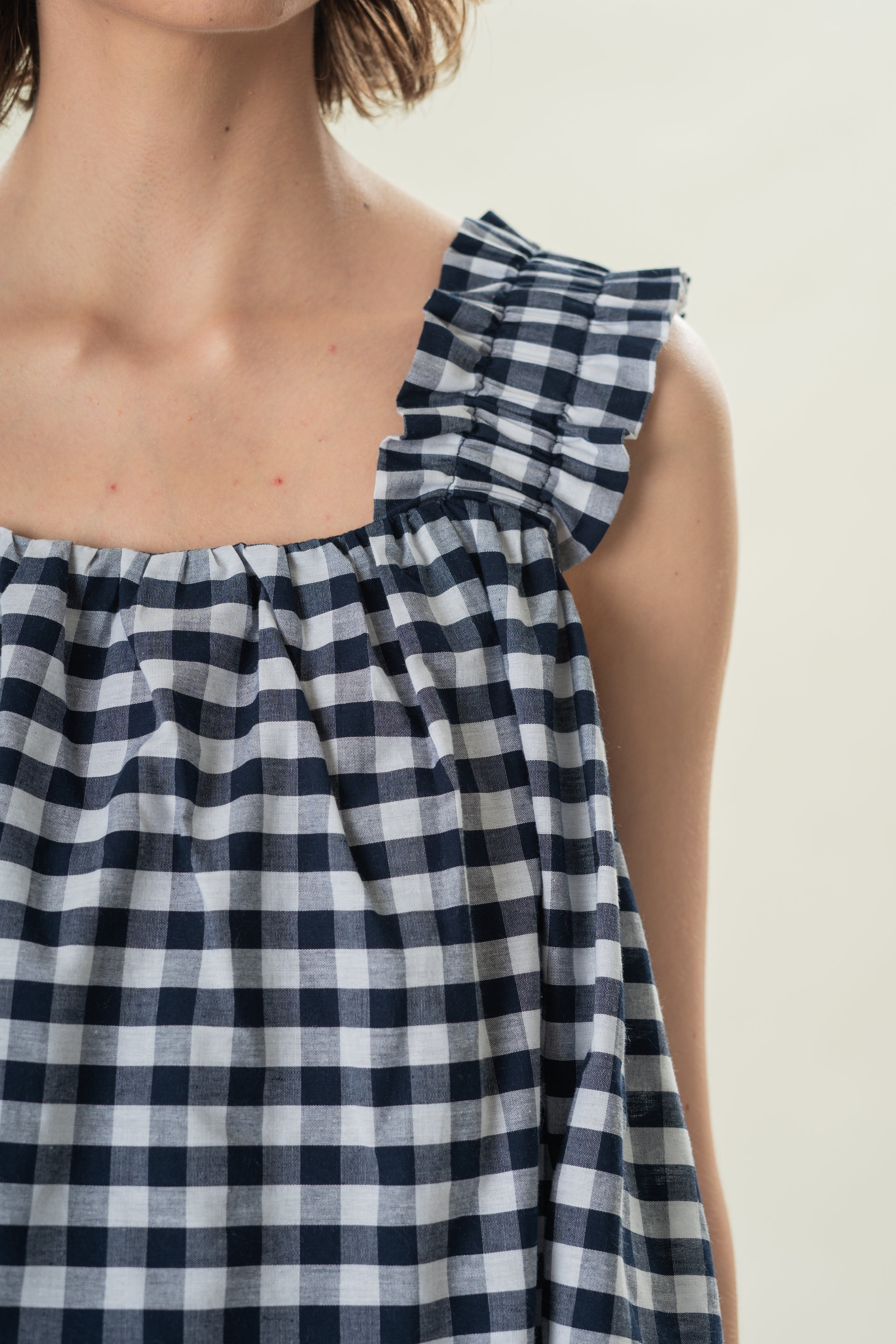 Flared Square Neck Top in Navy Gingham