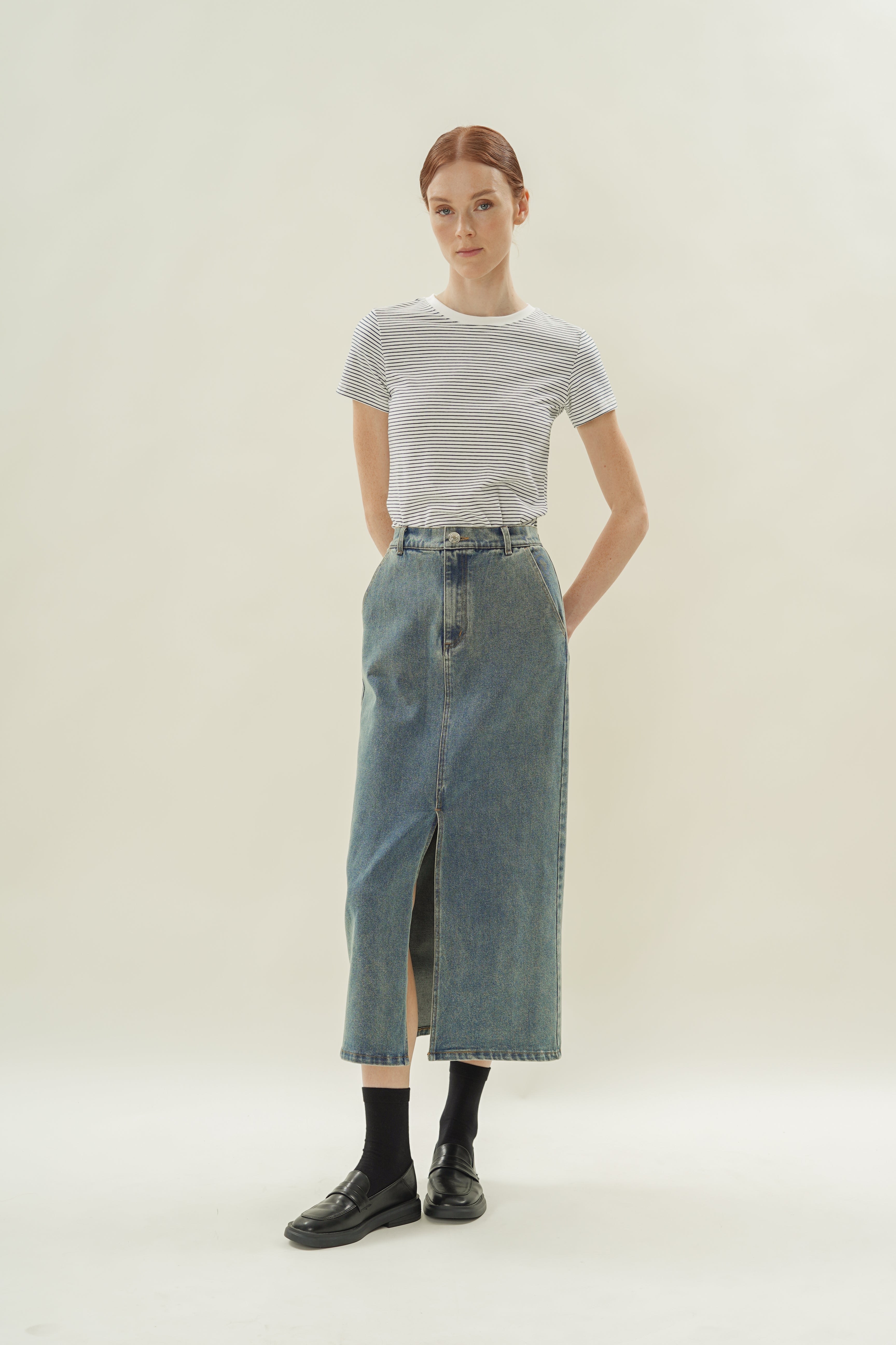 Denim Straight Maxi Skirt in Mid Wash