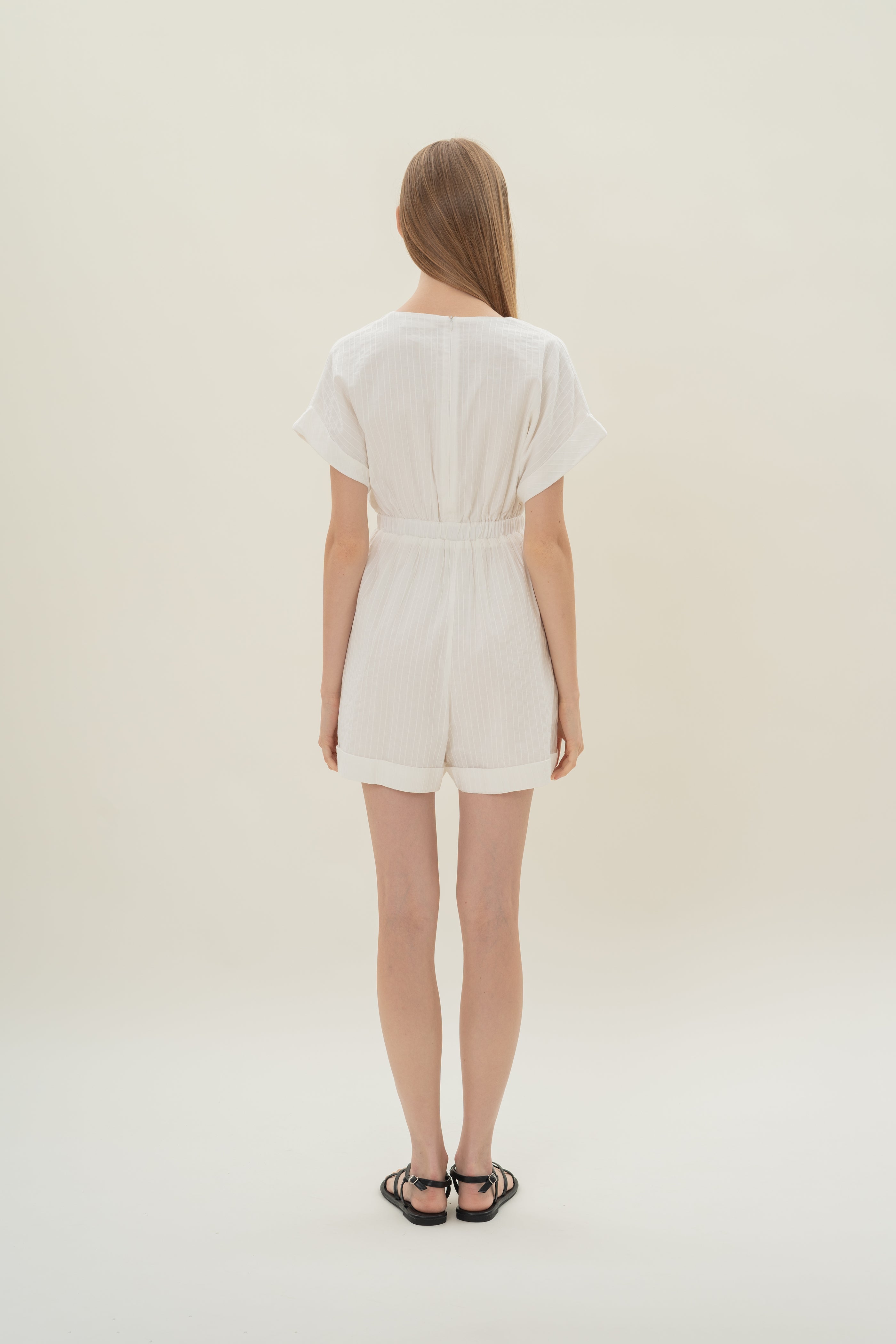 V Neck Relaxed Playsuit in White Stripes