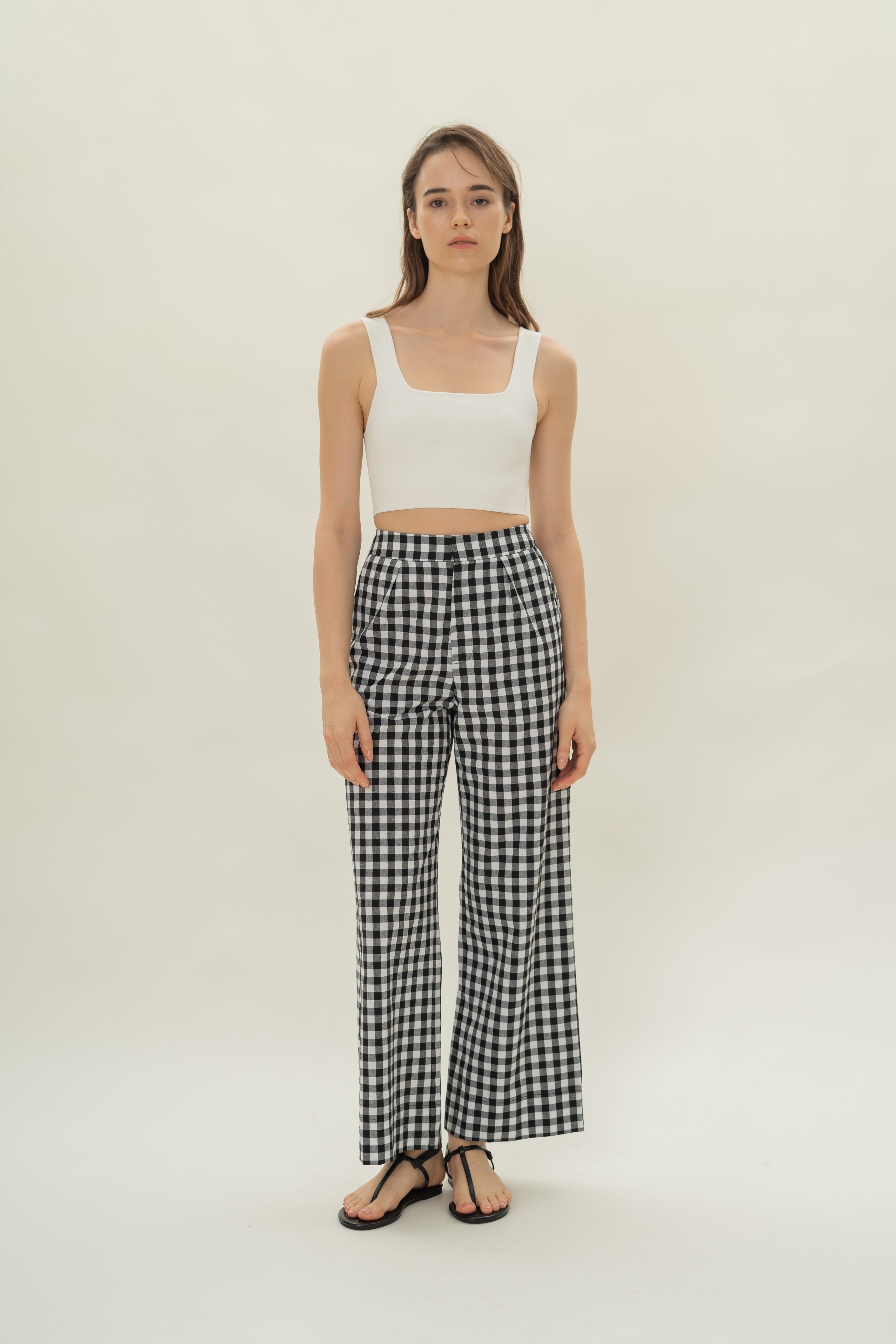 Linen Pleated Straight Trousers in Black Gingham