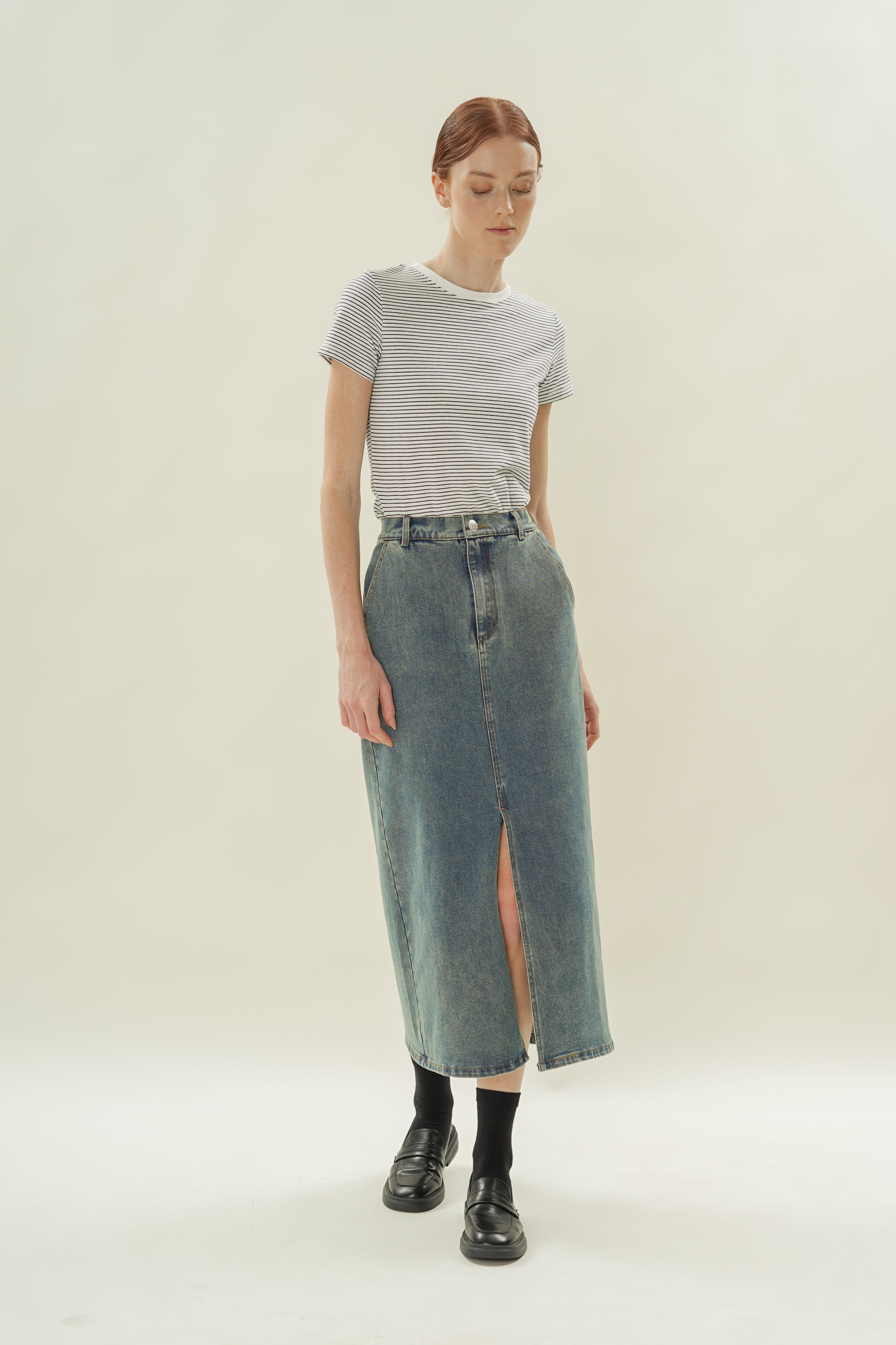 Denim Straight Maxi Skirt in Mid Wash