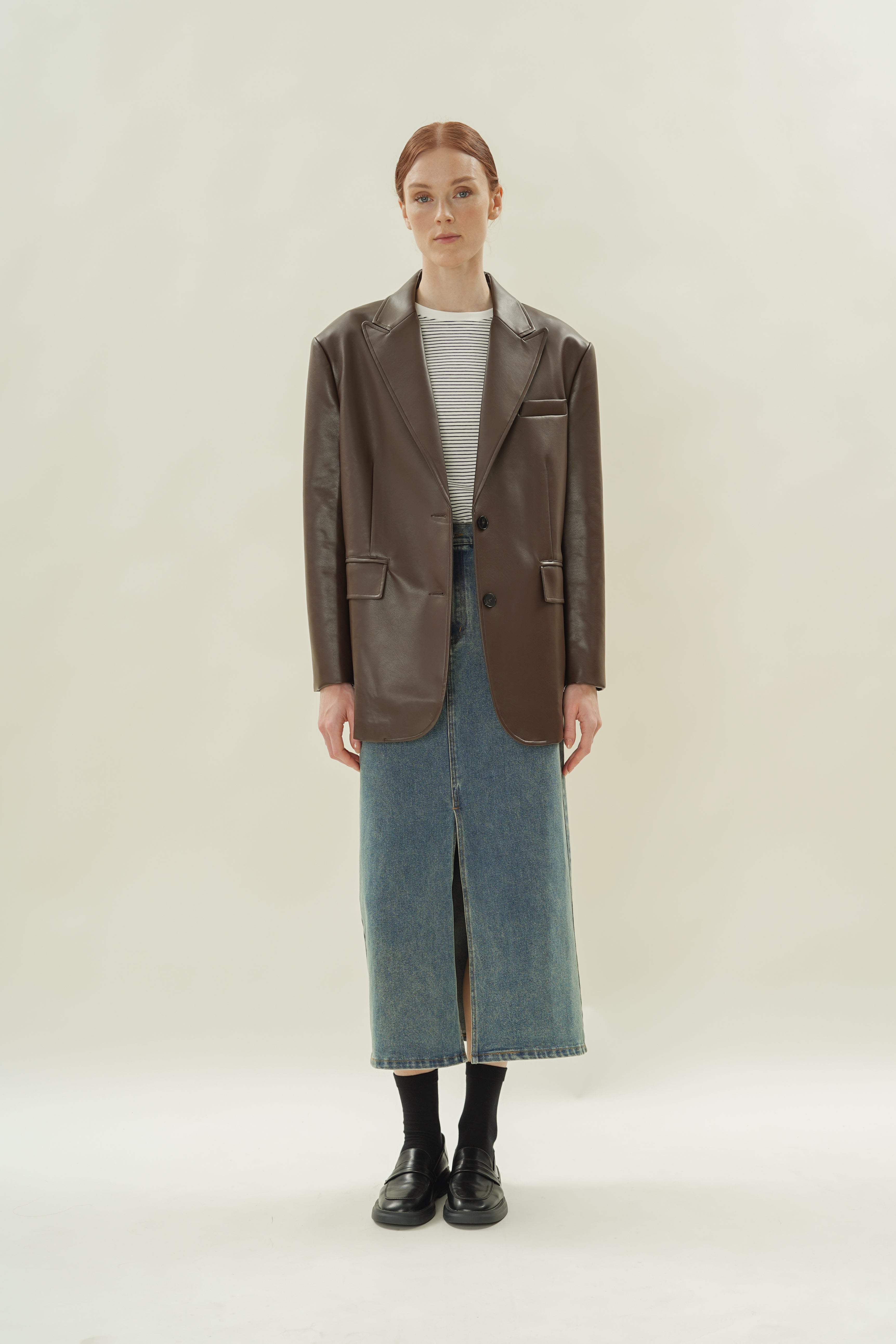 Denim Straight Maxi Skirt in Mid Wash