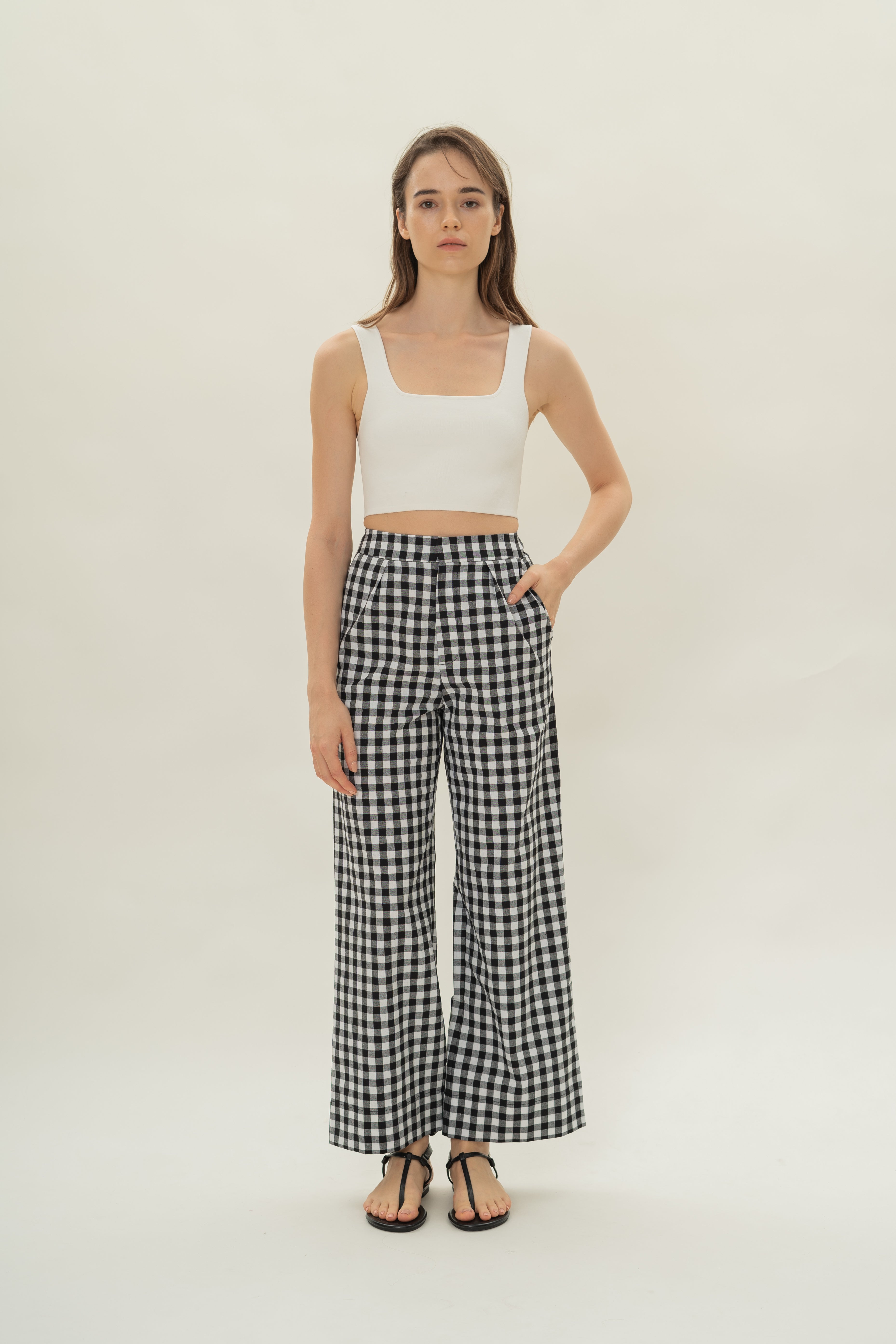 Linen Pleated Straight Trousers in Black Gingham