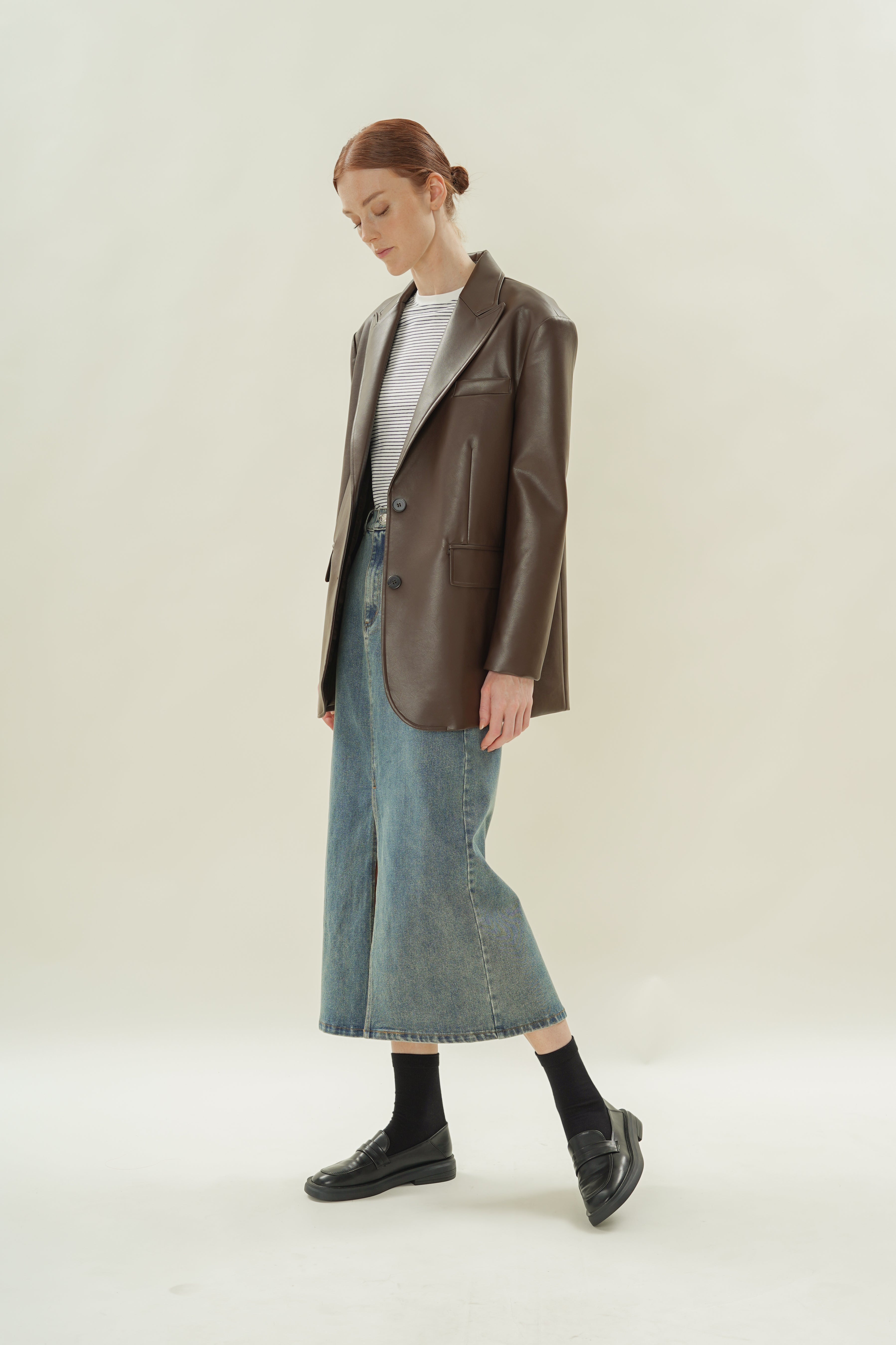 Denim Straight Maxi Skirt in Mid Wash