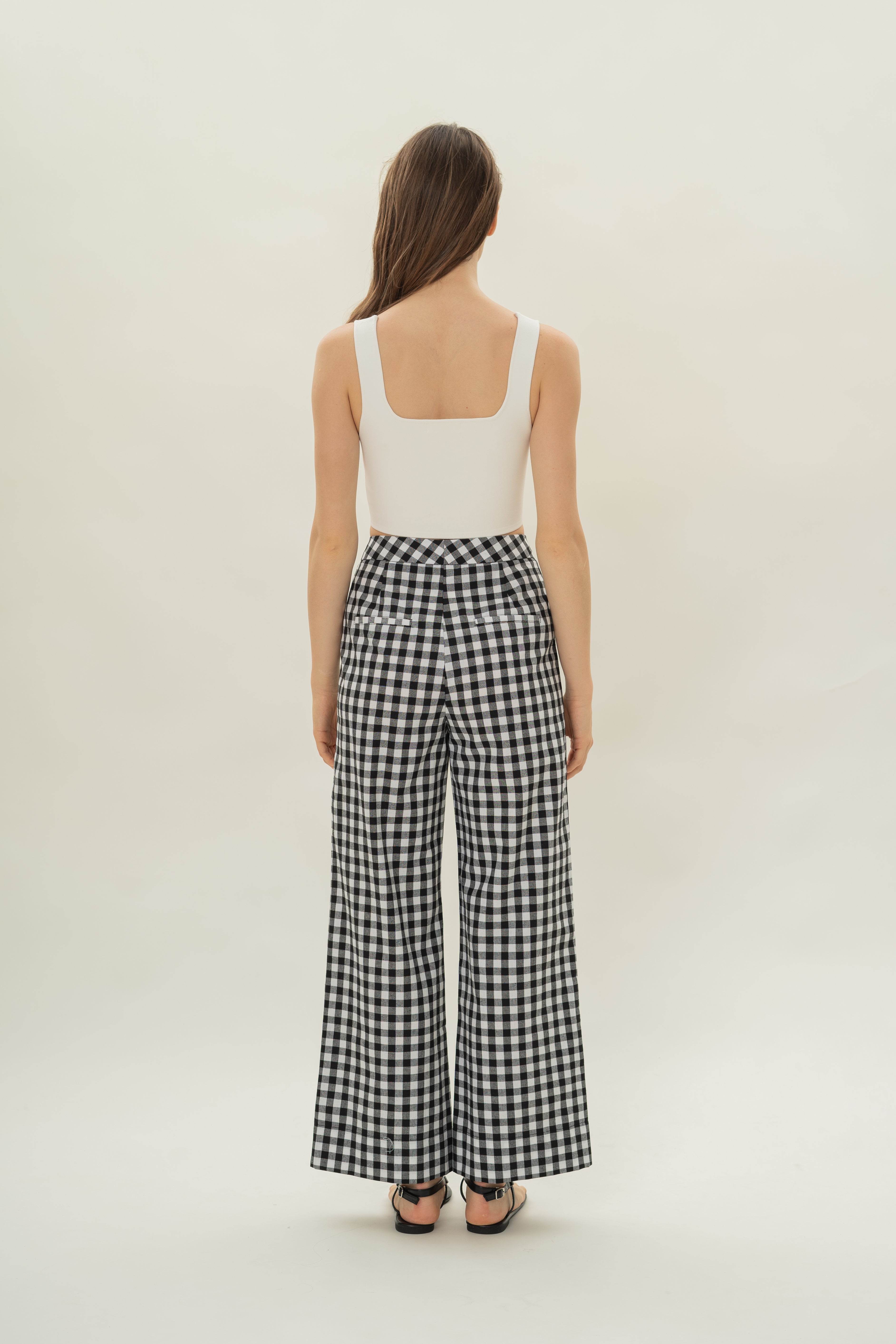 Linen Pleated Straight Trousers in Black Gingham