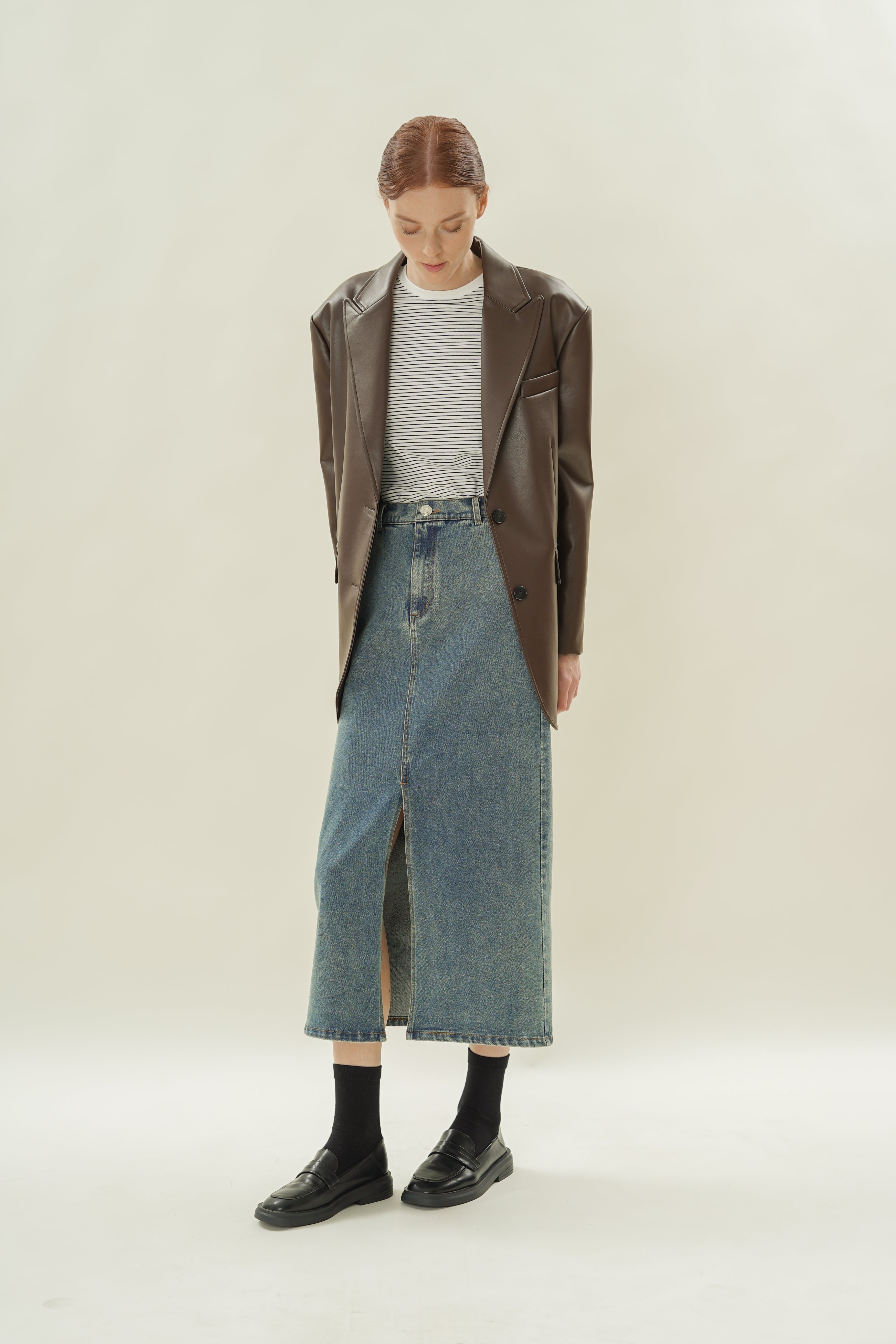 Denim Straight Maxi Skirt in Mid Wash
