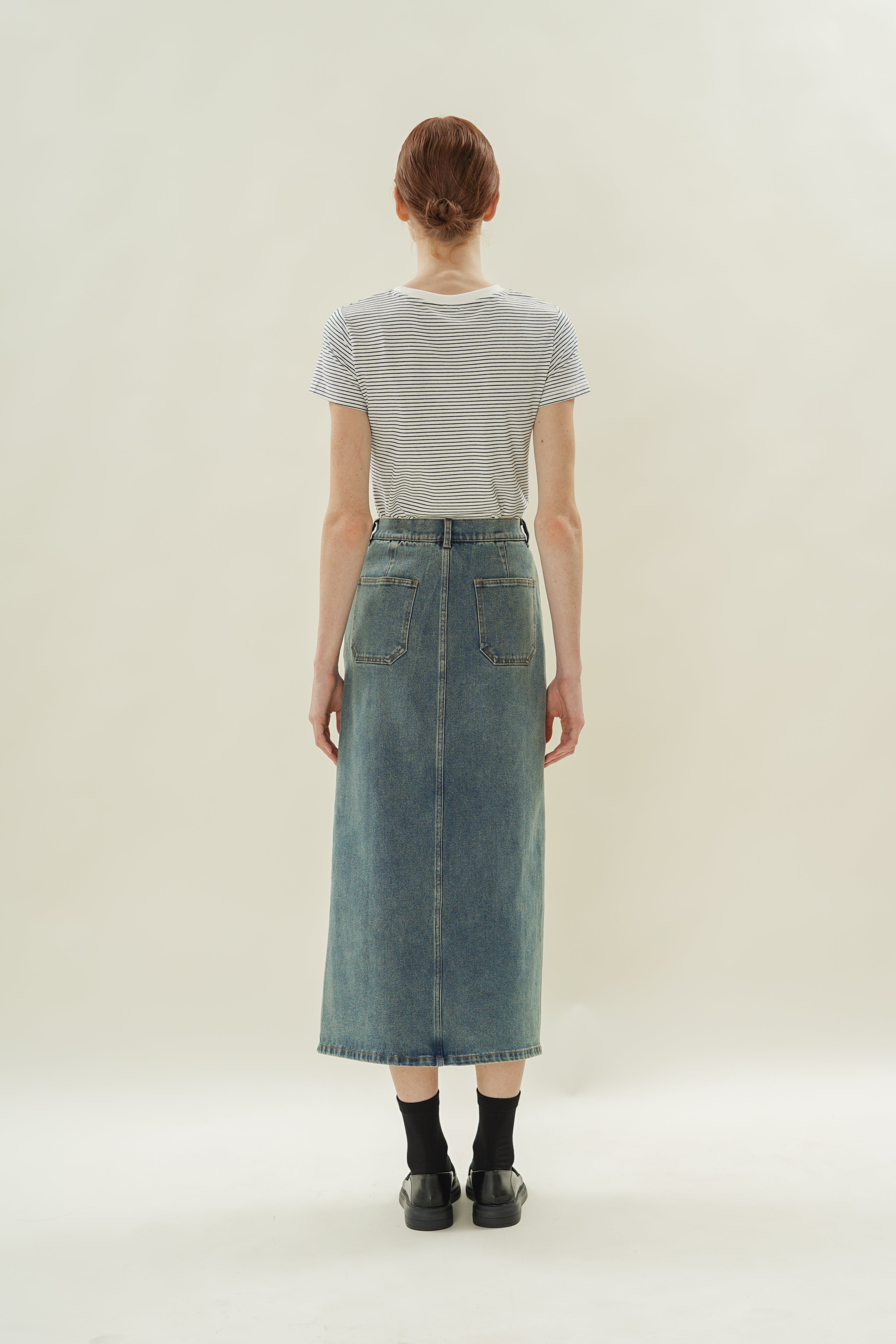 Denim Straight Maxi Skirt in Mid Wash