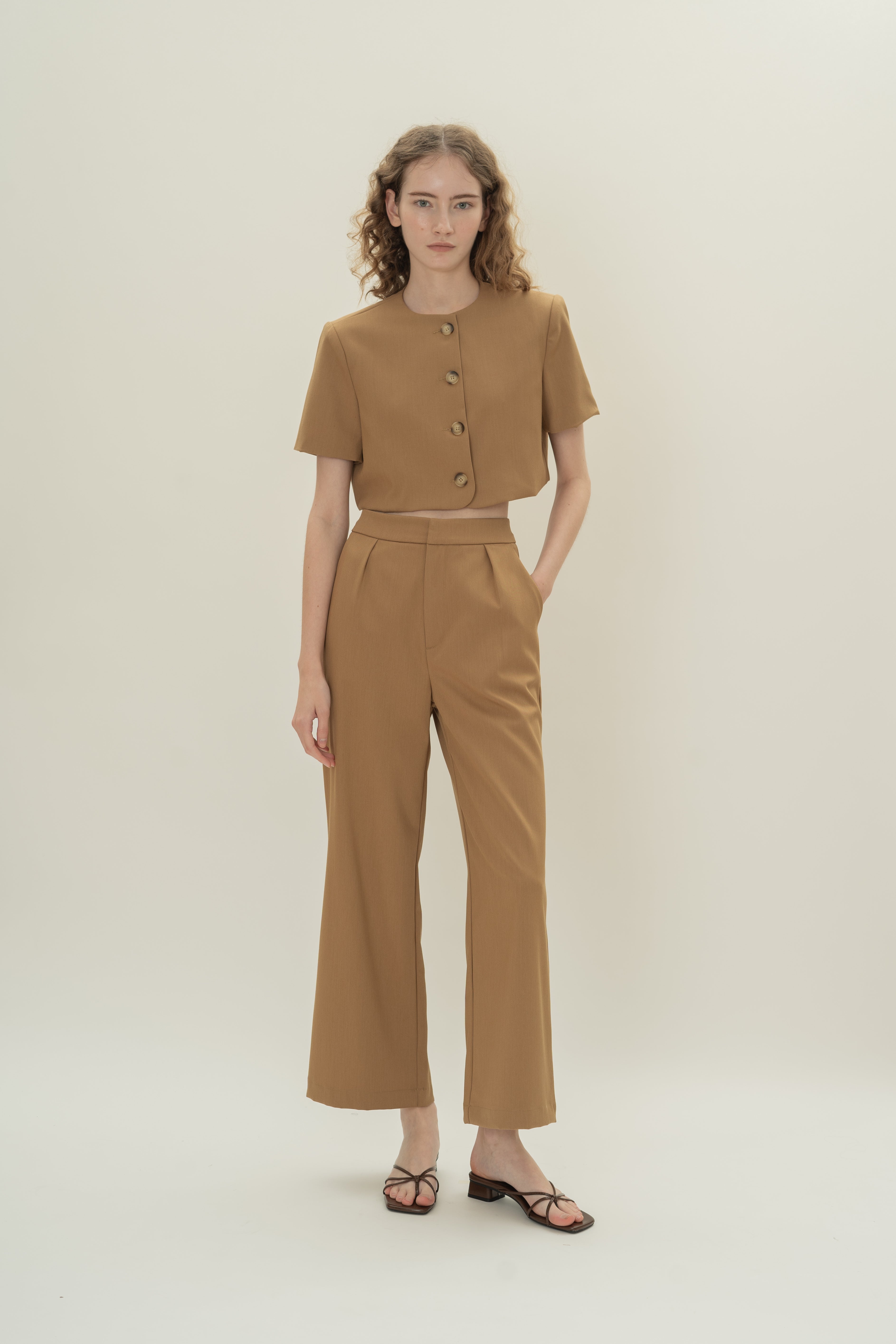Collarless Short Sleeved Jacket in Camel