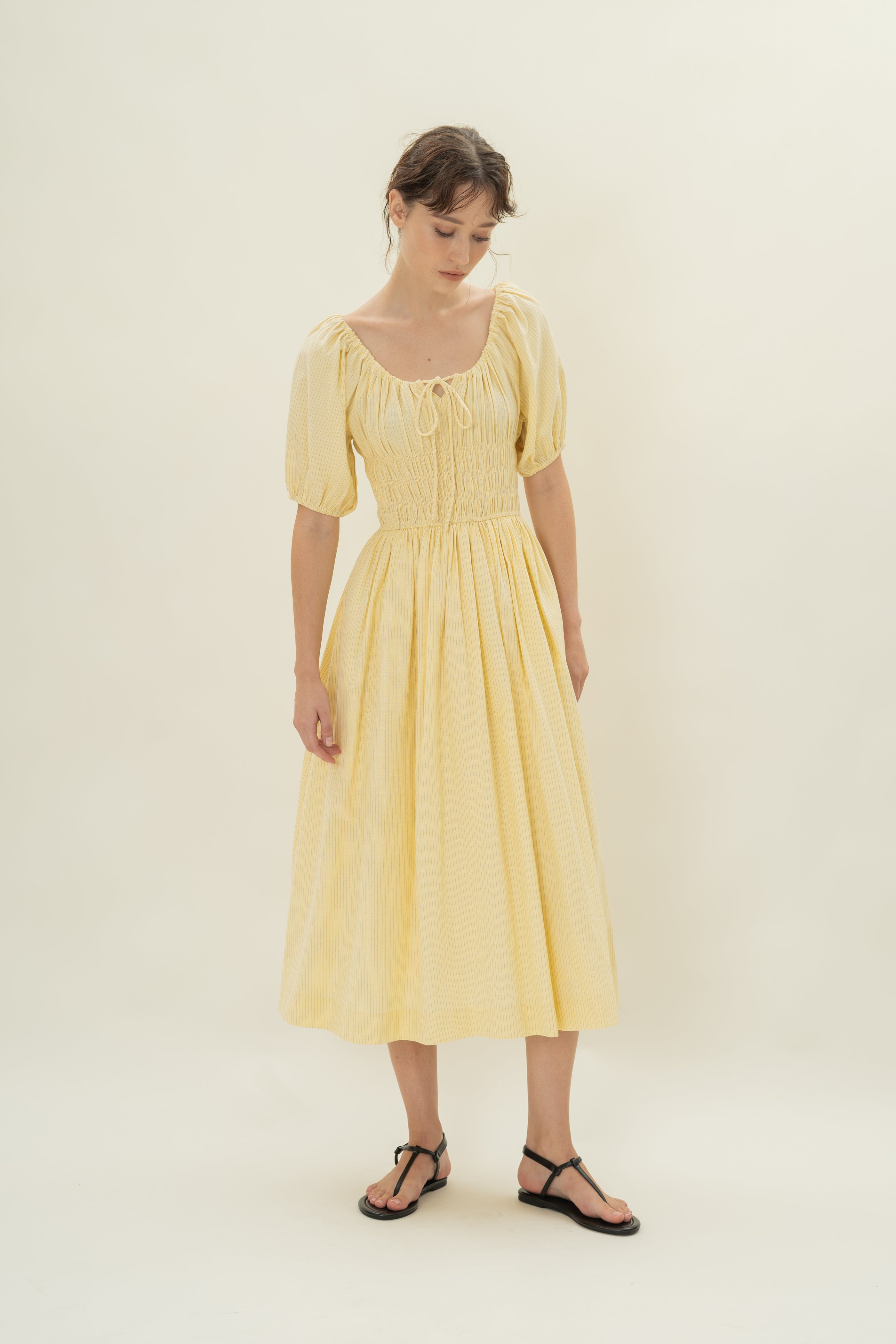 Shirred Waist Puff Sleeve Dress in Lemon Stripes