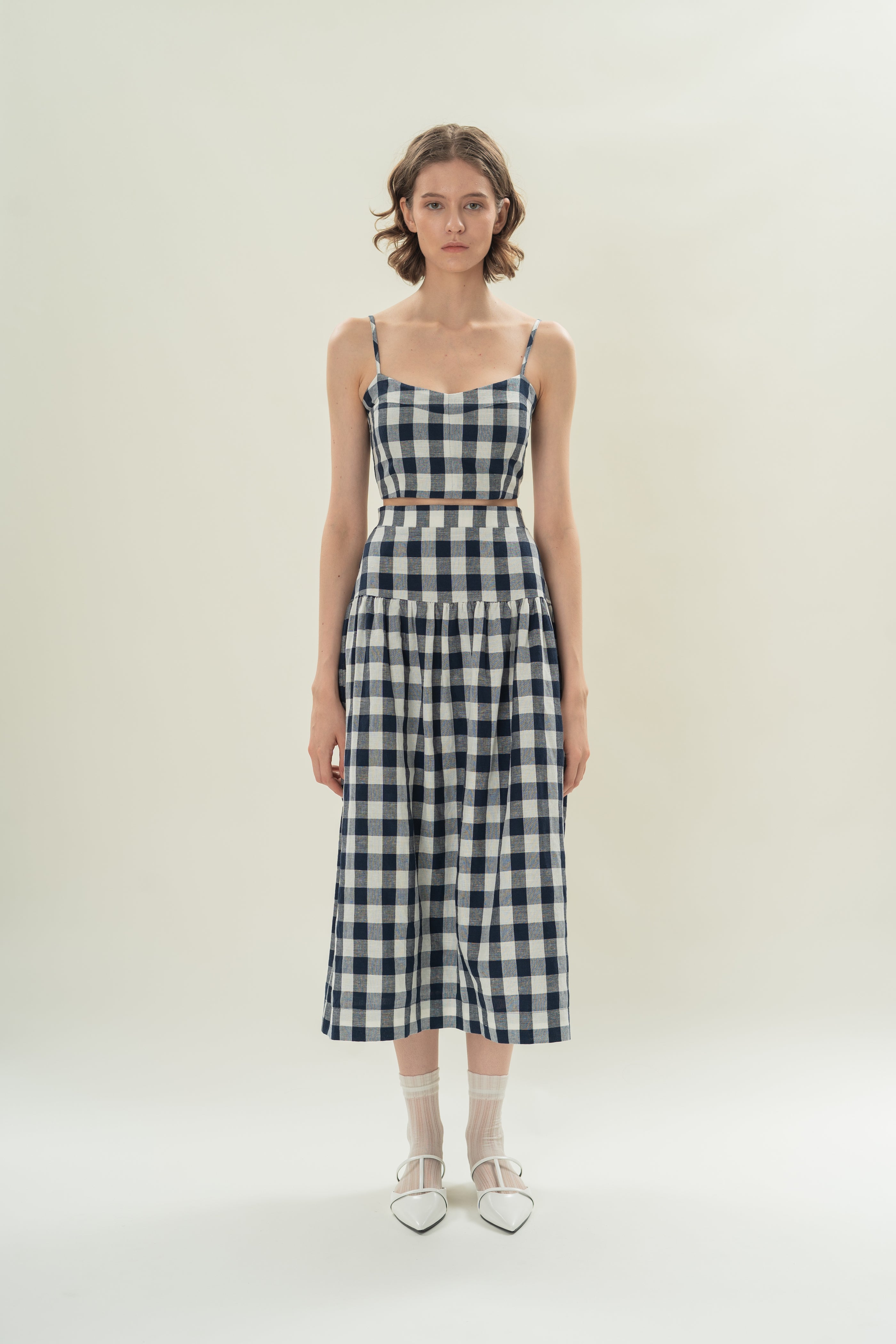 Padded Bustier Cropped Tank in Navy Gingham