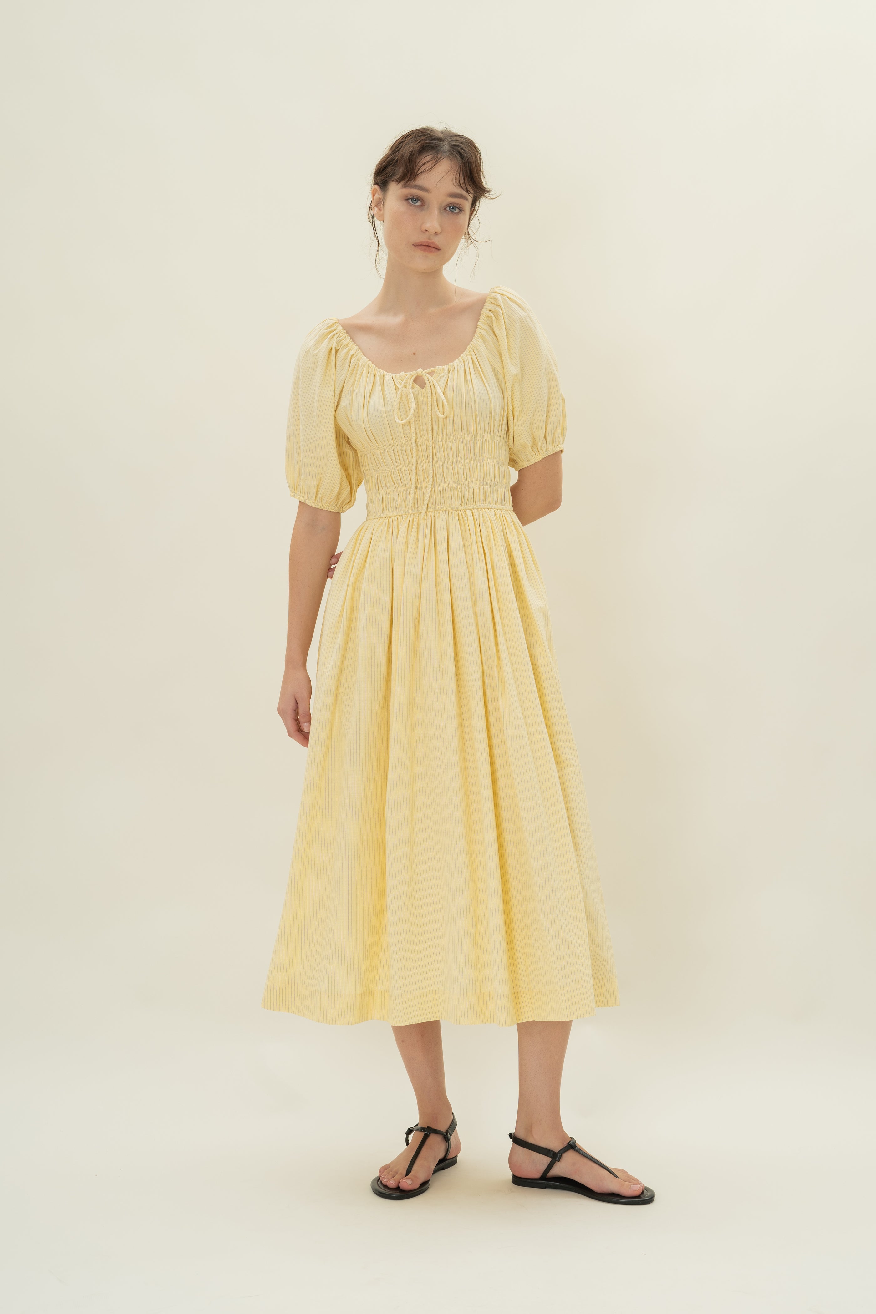 Shirred Waist Puff Sleeve Dress in Lemon Stripes