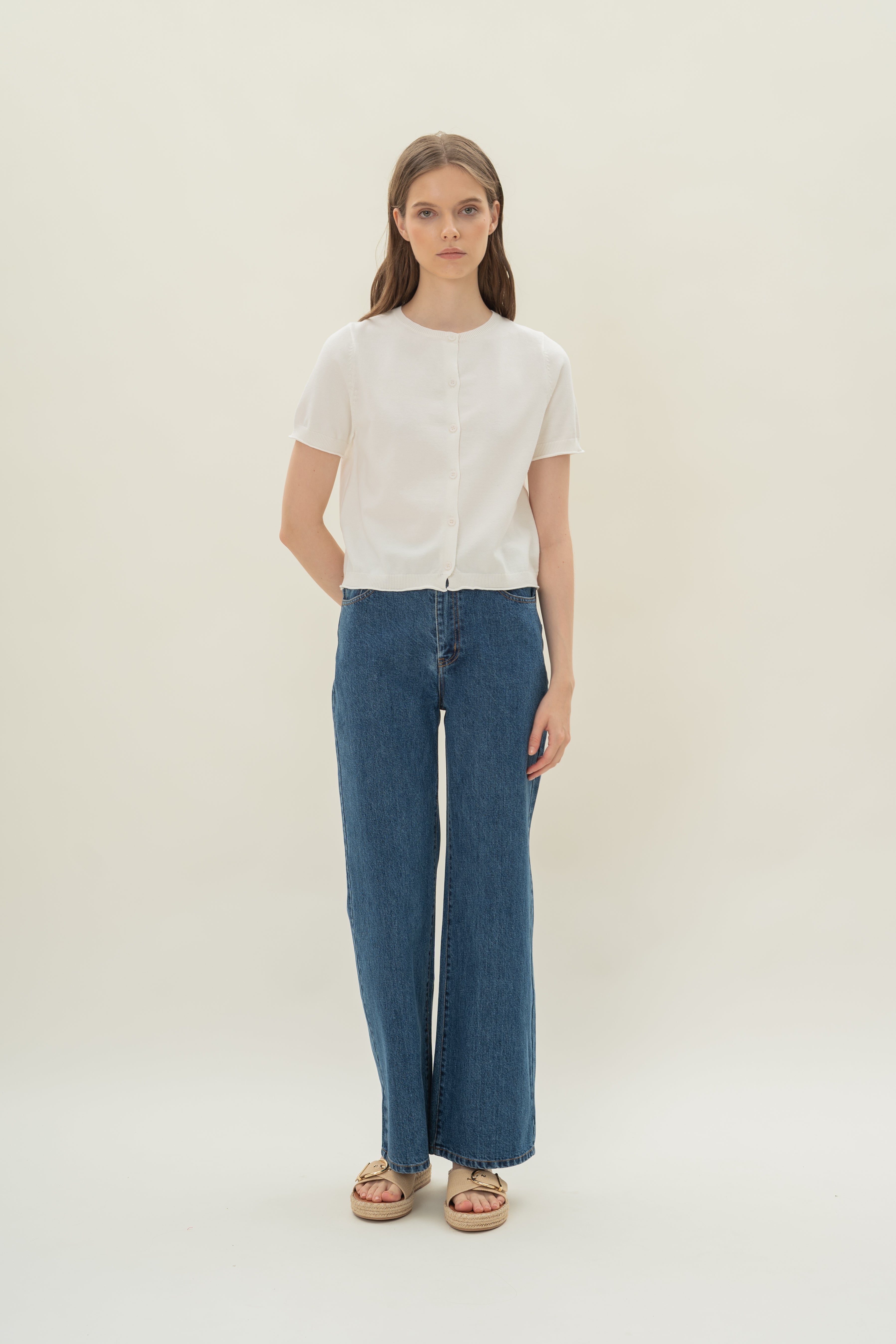 Short Sleeve Button Up Cardigan in White