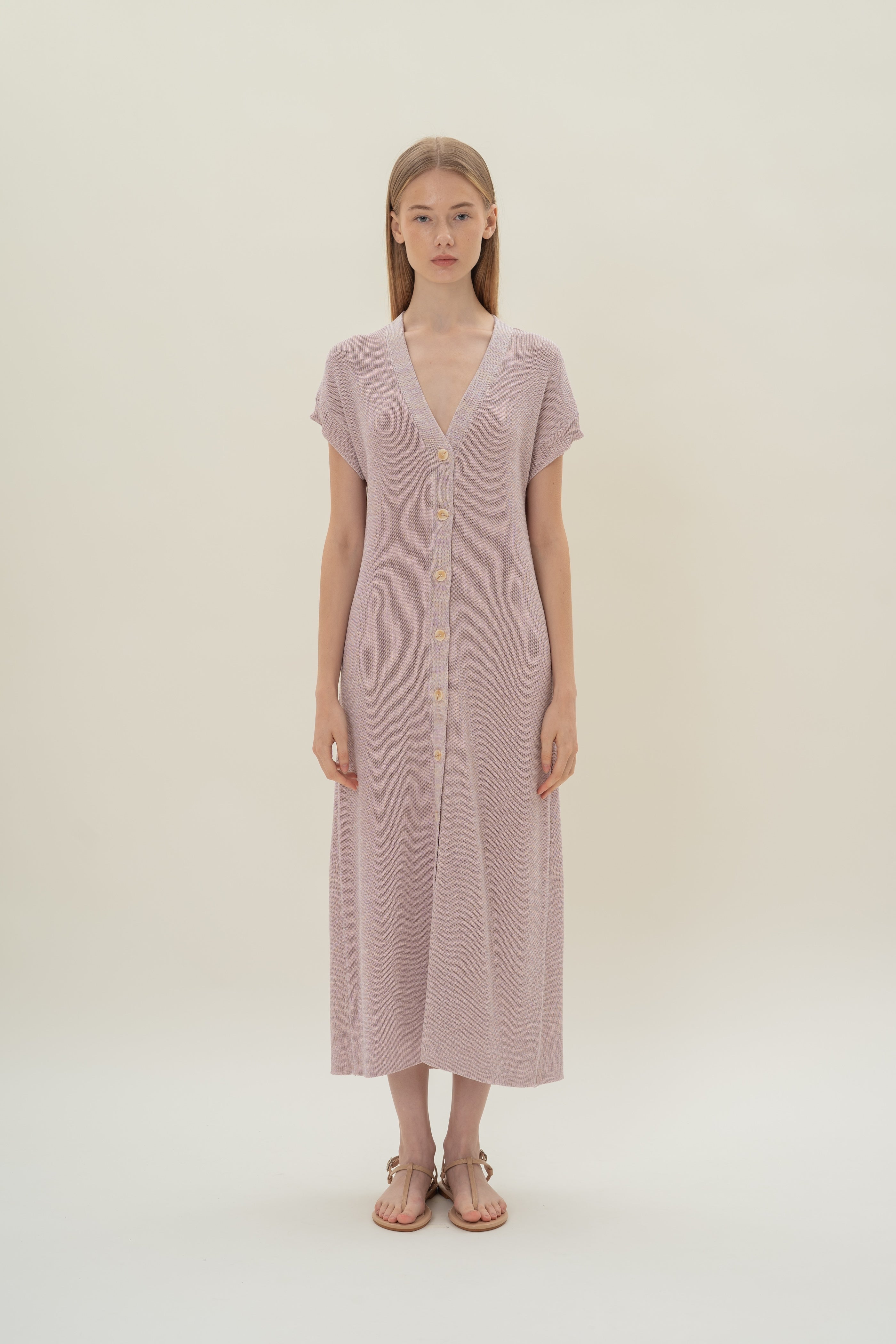 Button Front Melange Knit Dress in Lavender Mist