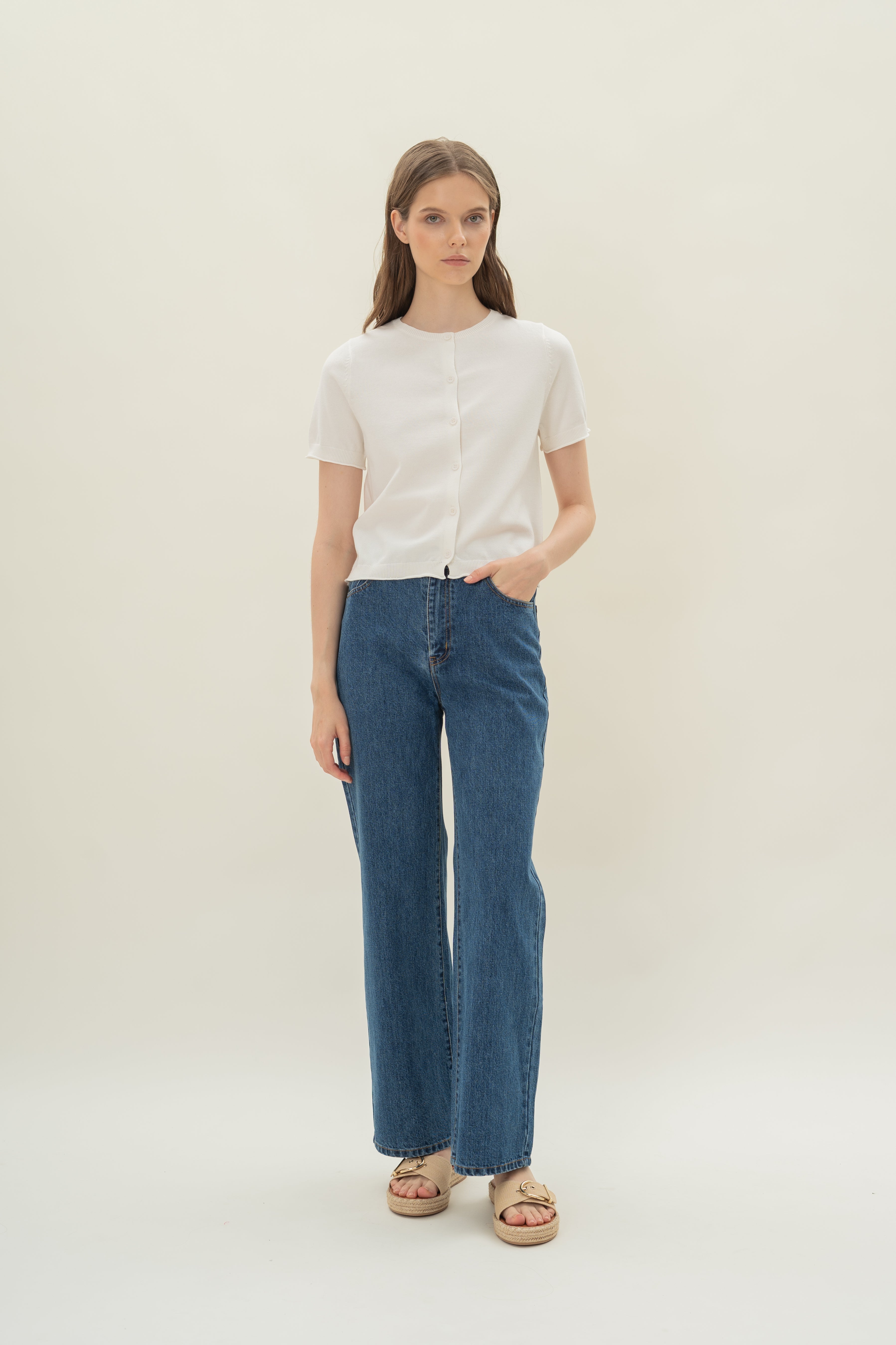 Short Sleeve Button Up Cardigan in White