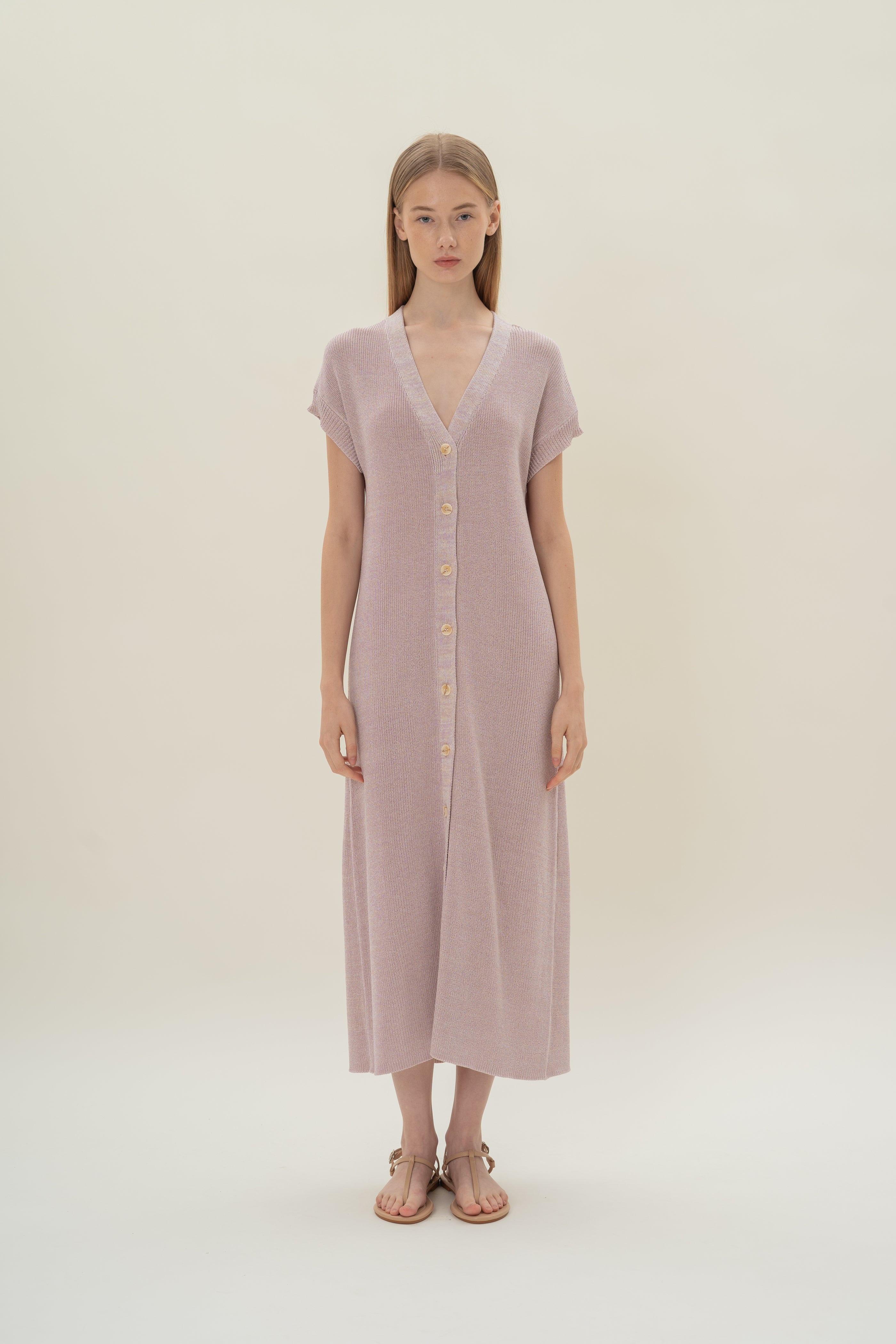 Button Front Melange Knit Dress in Lavender Mist